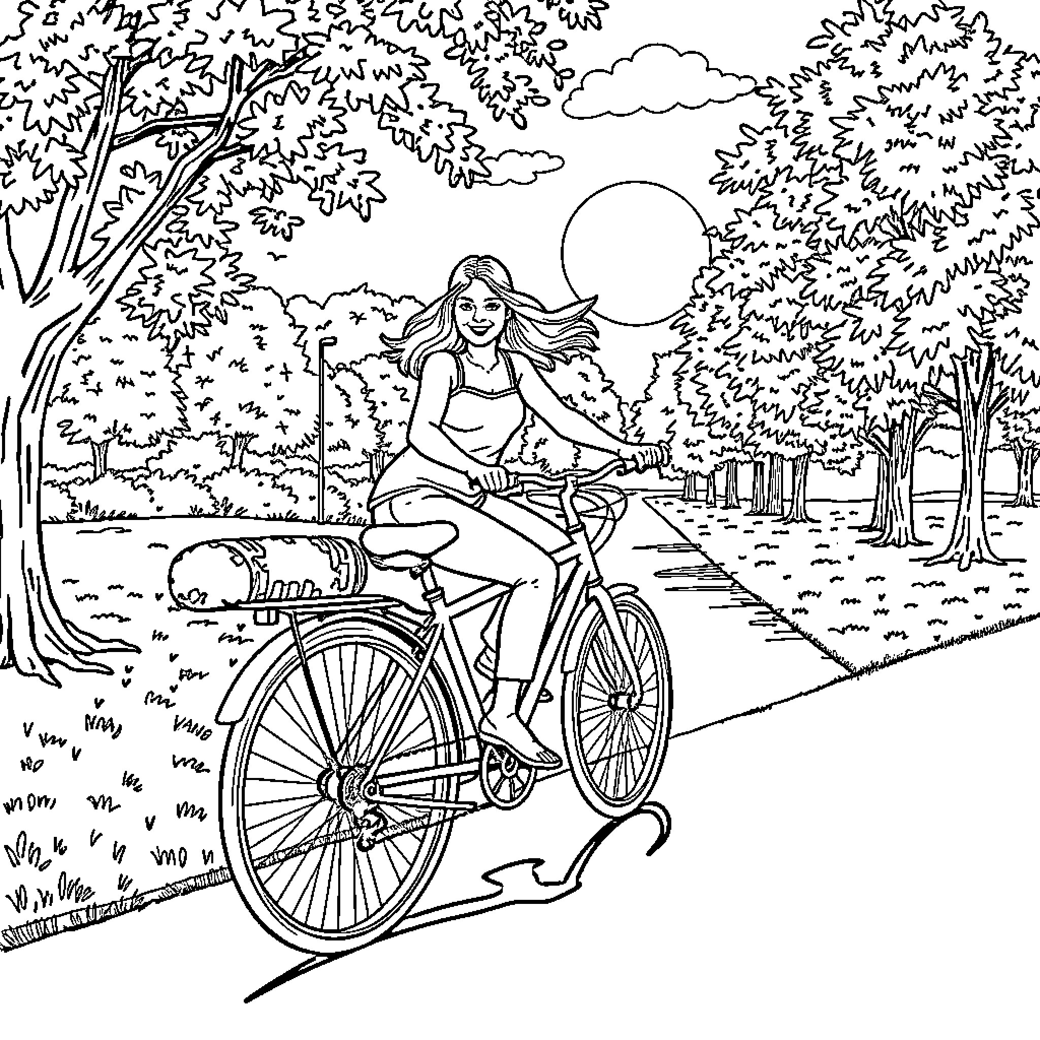 Artist depicts woman riding bicycle in nature Coloring Page (free black-and-white line drawing printable PDF for all, from beginners to advanced learners, including children, teens, adults, and seniors)