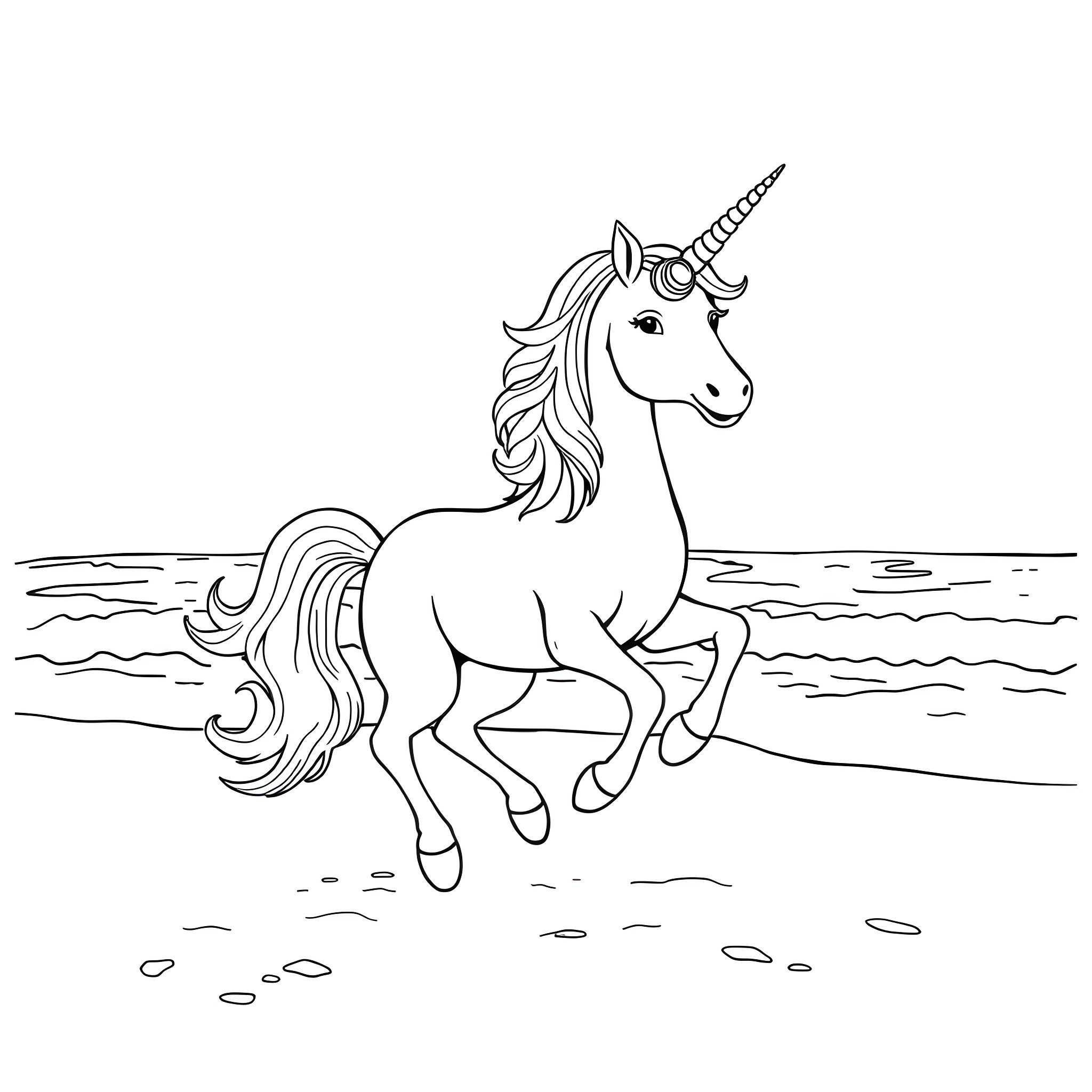 Unicorn prancing gracefully through the meadow Coloring Page (free black-and-white line drawing printable PDF for all, from beginners to advanced learners, including children, teens, adults, and seniors)