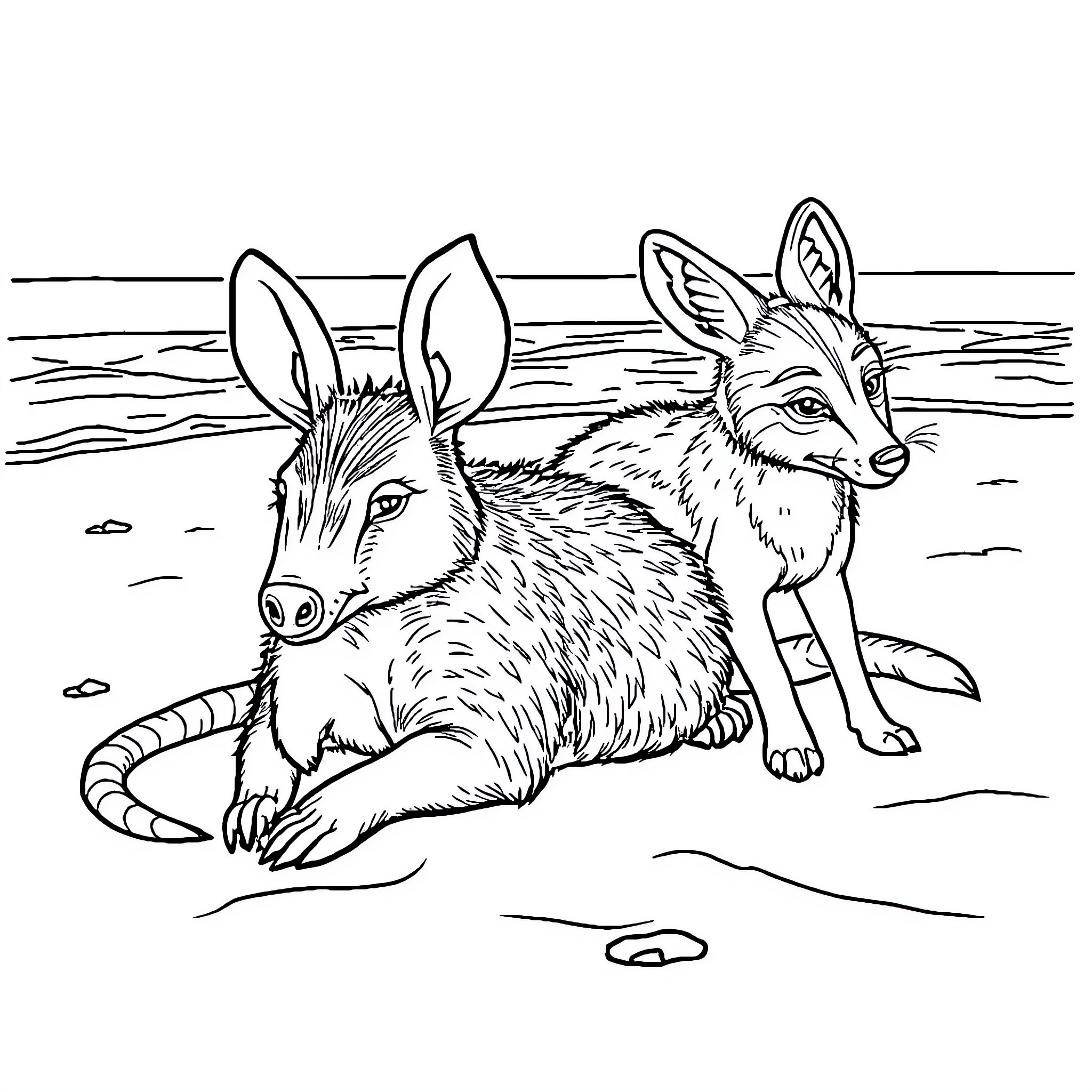 Aardvarks resting in snowy landscape Coloring Page (free black-and-white line drawing printable PDF for all, from beginners to advanced learners, including children, teens, adults, and seniors)