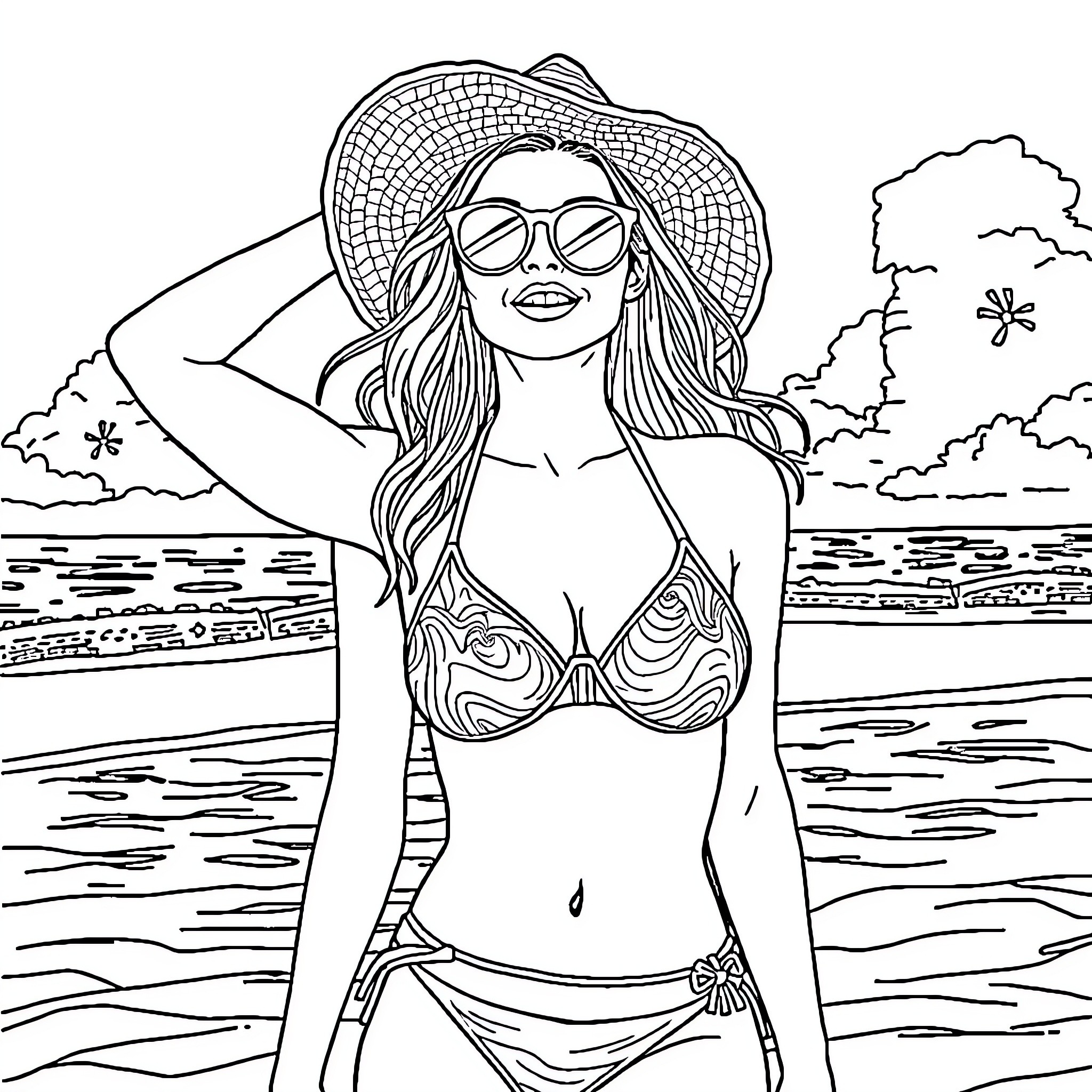 Woman relaxing in stylish swimwear on the beach Coloring Page (free black-and-white line drawing printable PDF for all, from beginners to advanced learners, including children, teens, adults, and seniors)