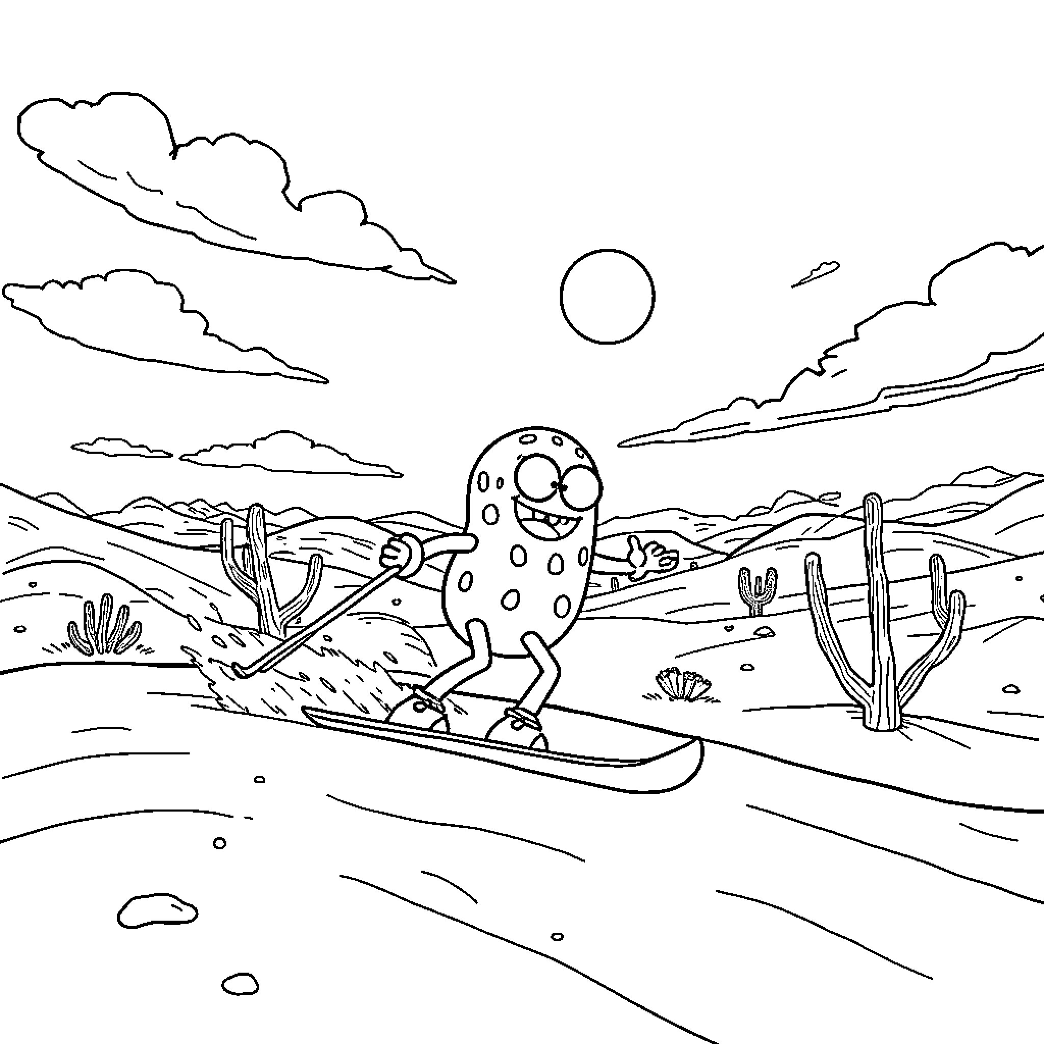 Bob esponja surfing happily in the desert Coloring Page (free black-and-white line drawing printable PDF for all, from beginners to advanced learners, including children, teens, adults, and seniors)