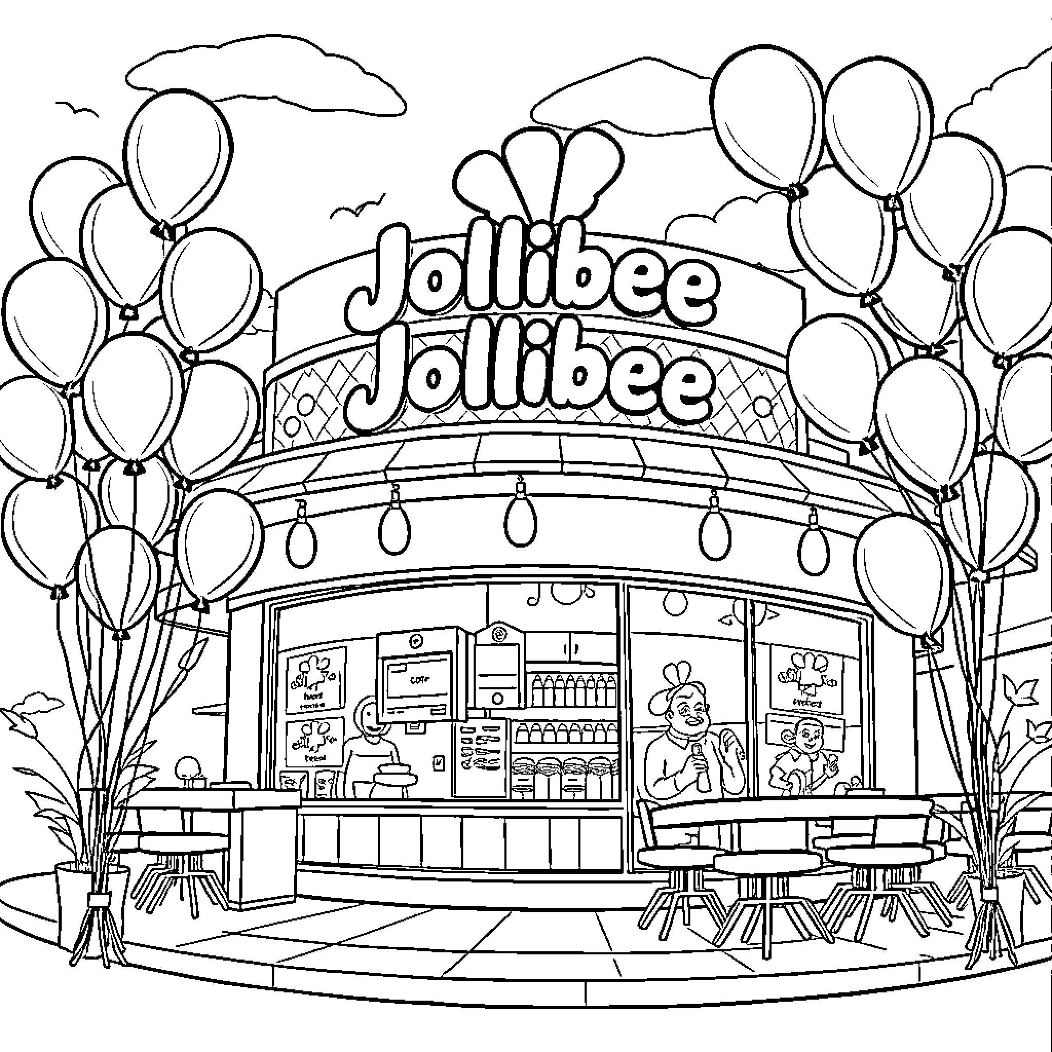 Jollibee restaurant with balloons and people Coloring Page (free black-and-white line drawing printable PDF for all, from beginners to advanced learners, including children, teens, adults, and seniors)