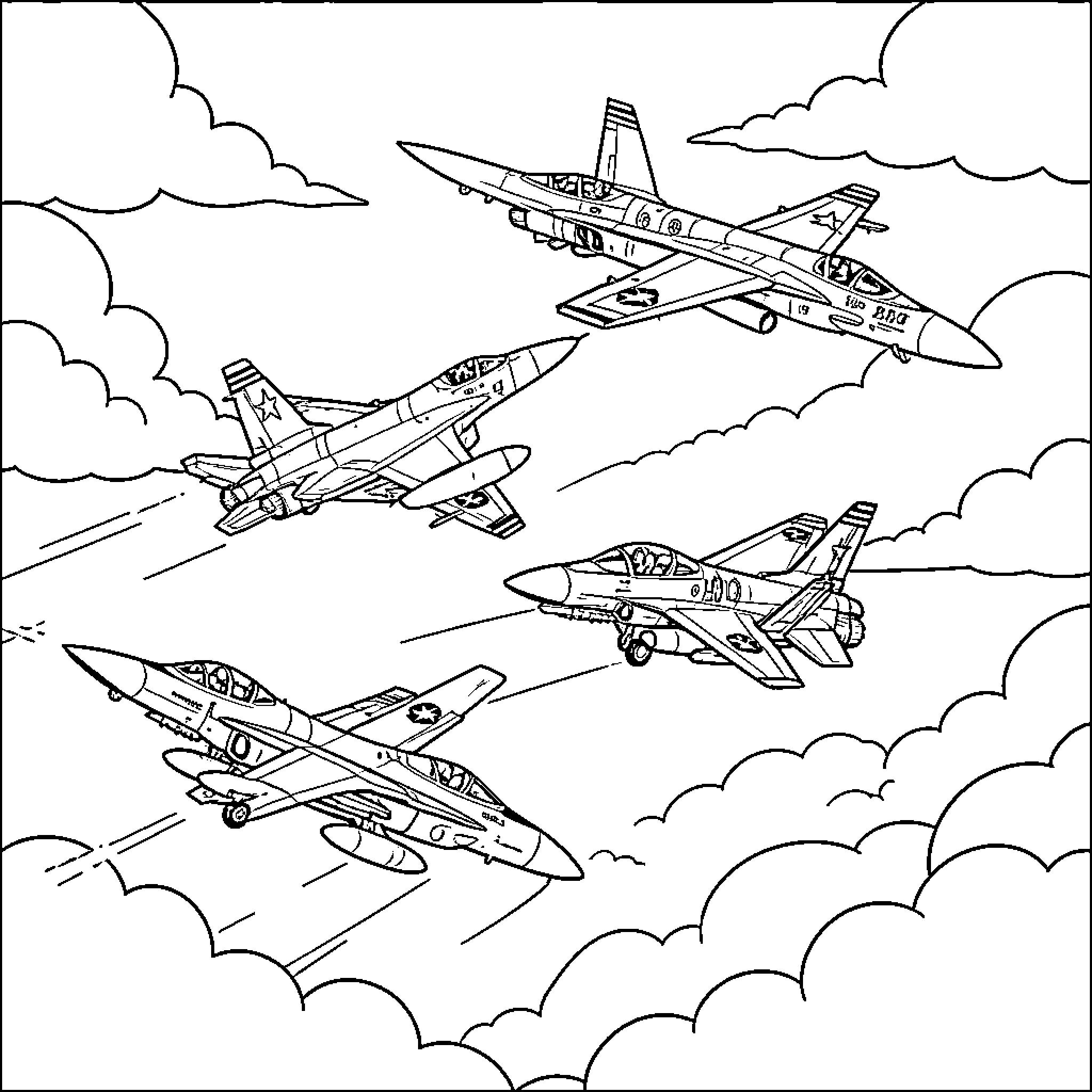Fighter Jet squadron flying through the clouds Coloring Page (free black-and-white line drawing printable PDF for all, from beginners to advanced learners, including children, teens, adults, and seniors)