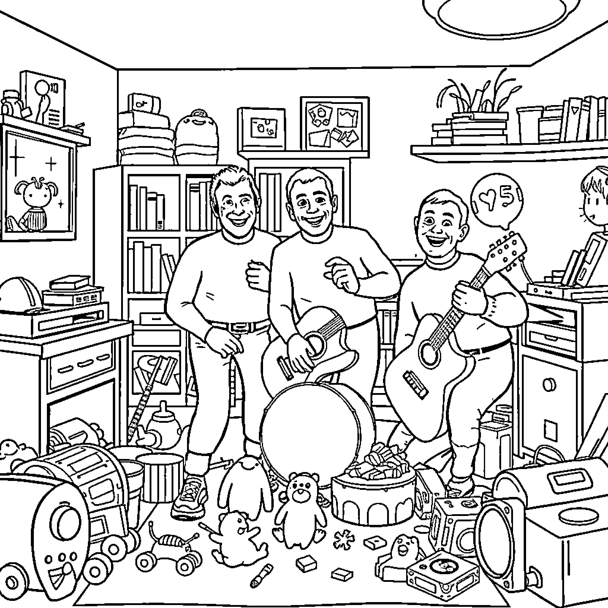 Wiggles and Rhythm in the Music Room Coloring Page (free black-and-white line drawing printable PDF for all, from beginners to advanced learners, including children, teens, adults, and seniors)
