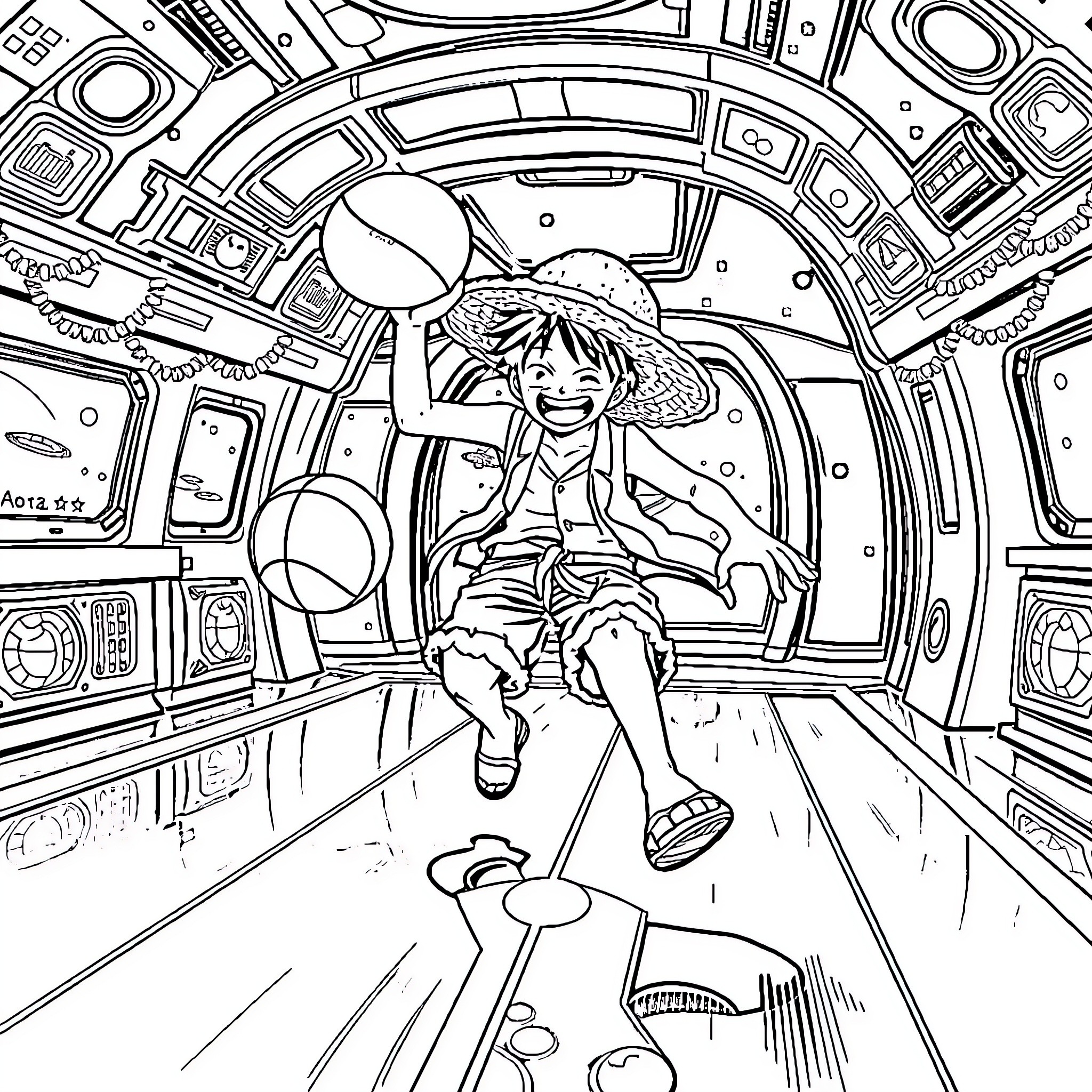 Luffy's Thrilling Adventure in the Futuristic Space Vessel Coloring Page (free black-and-white line drawing printable PDF for all, from beginners to advanced learners, including children, teens, adults, and seniors)