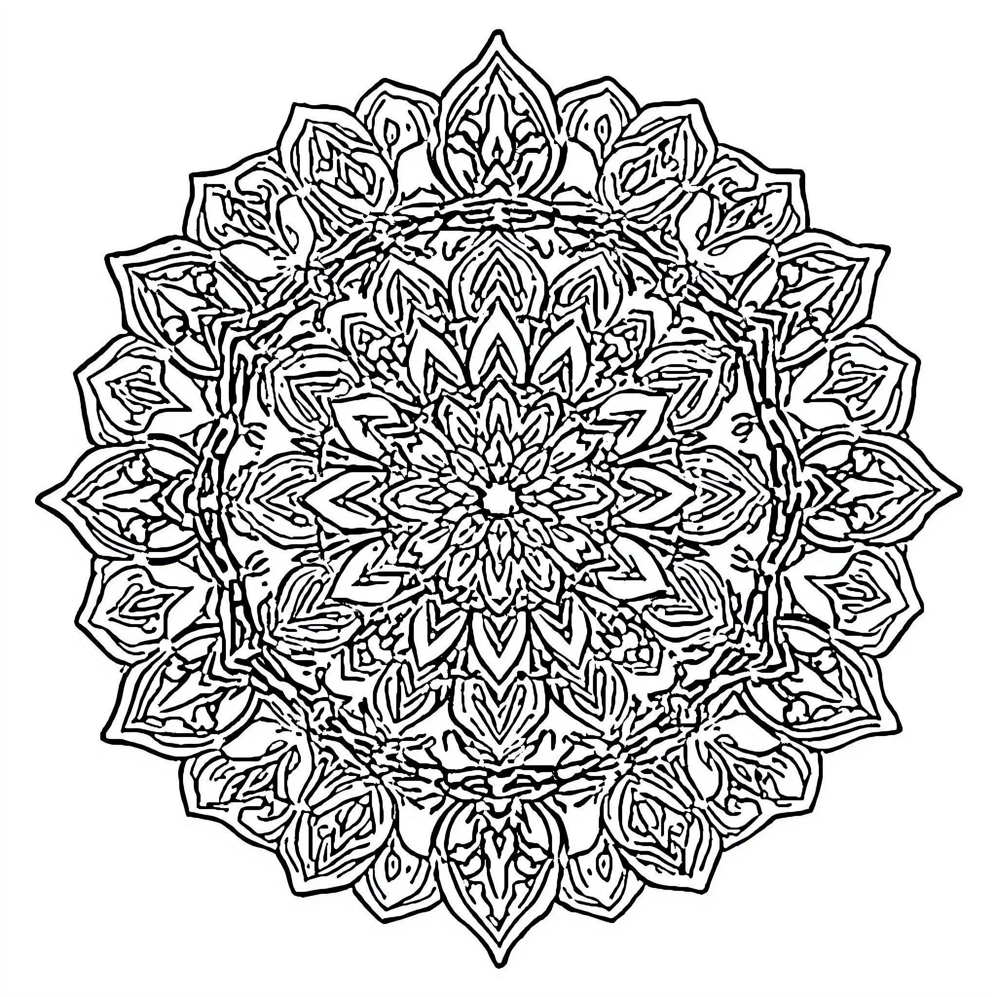 Mandala of intricate floral patterns Coloring Page (free black-and-white line drawing printable PDF for all, from beginners to advanced learners, including children, teens, adults, and seniors)