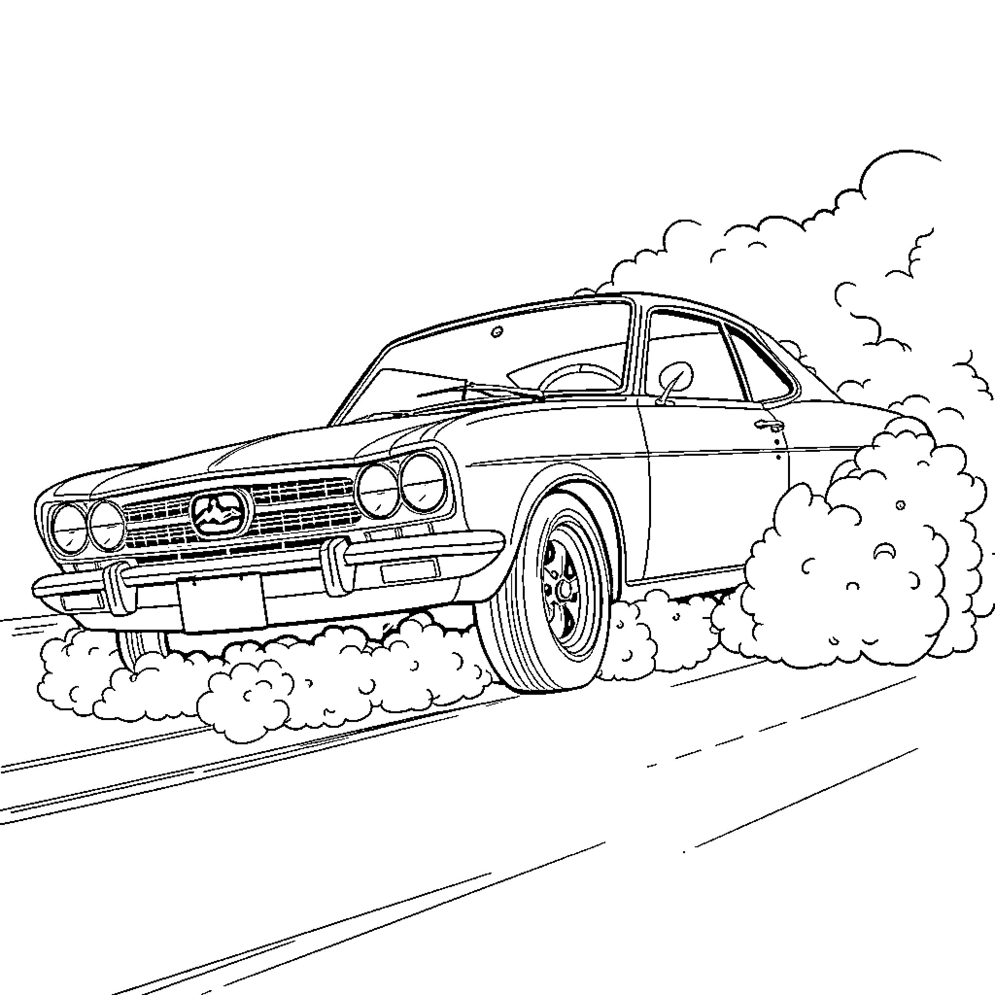 Car speeding through the countryside Coloring Page (free black-and-white line drawing printable PDF for all, from beginners to advanced learners, including children, teens, adults, and seniors)