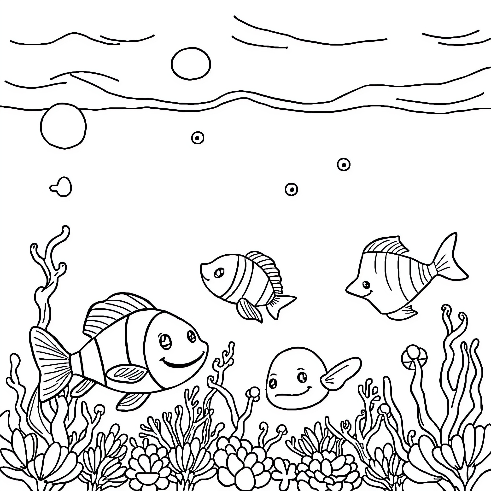 Sea creatures swimming in an underwater scene Coloring Page (free black-and-white line drawing printable PDF for all, from beginners to advanced learners, including children, teens, adults, and seniors)