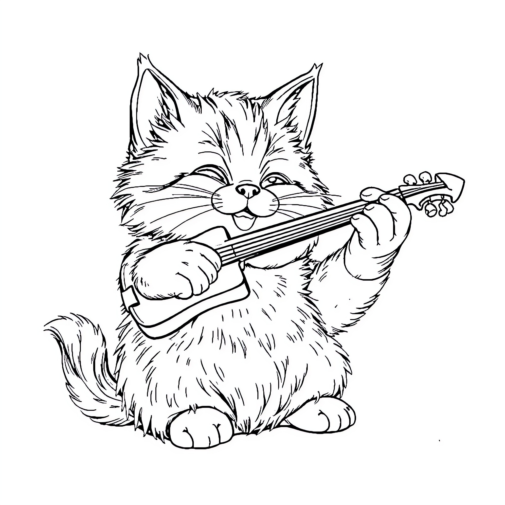 Cat playing with a guitar Coloring Page (free black-and-white line drawing printable PDF for all, from beginners to advanced learners, including children, teens, adults, and seniors)