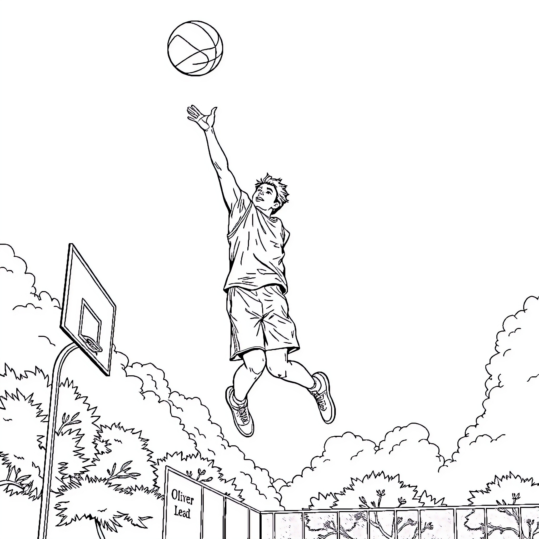 Oliver playing basketball on the court Coloring Page (free black-and-white line drawing printable PDF for all, from beginners to advanced learners, including children, teens, adults, and seniors)