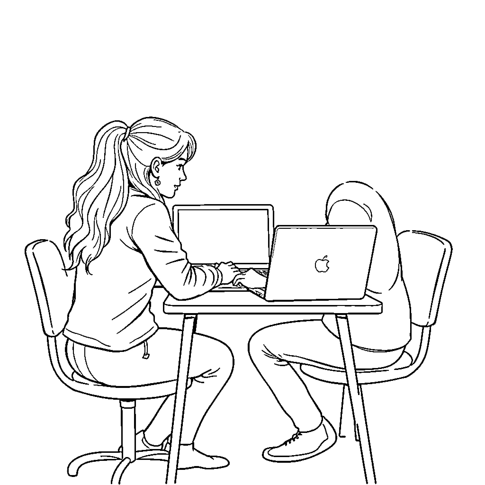 Friend studying diligently at the computer desk Coloring Page (free black-and-white line drawing printable PDF for all, from beginners to advanced learners, including children, teens, adults, and seniors)