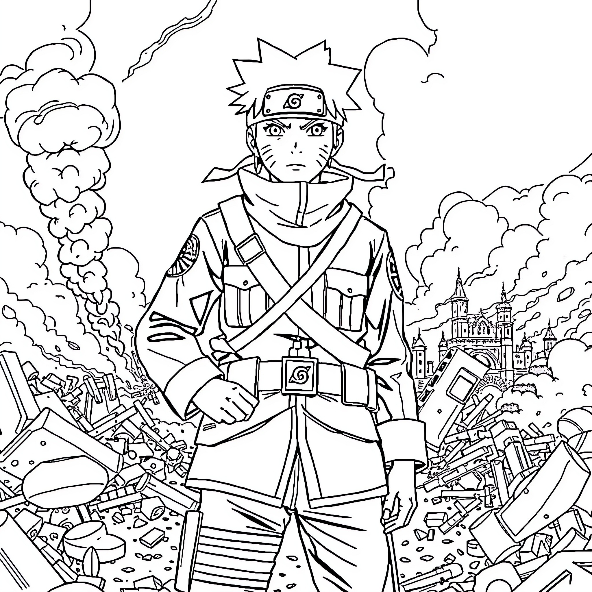 Naruto in Action Amid Destruction Coloring Page (free black-and-white line drawing printable PDF for all, from beginners to advanced learners, including children, teens, adults, and seniors)