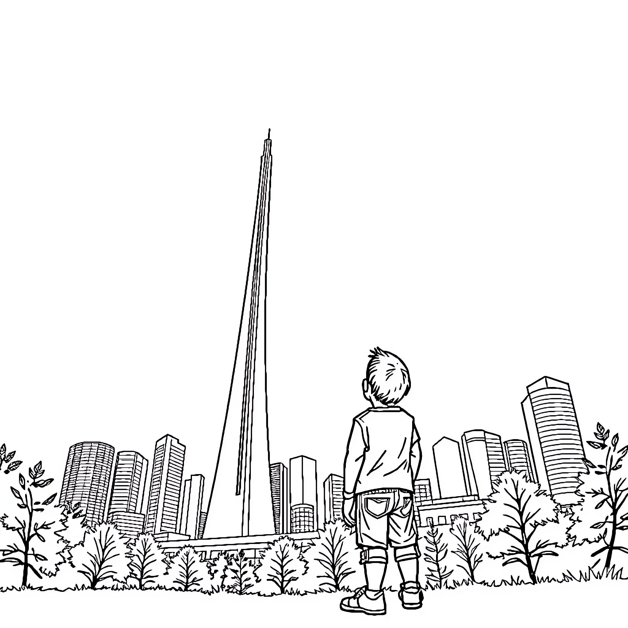 Boy observing the city skyline from a park Coloring Page (free black-and-white line drawing printable PDF for all, from beginners to advanced learners, including children, teens, adults, and seniors)