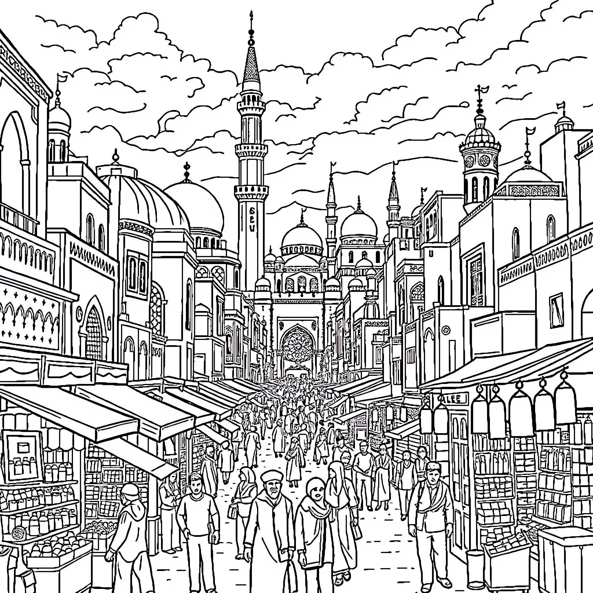 Arab City Bustling with Vibrant Activity and Architecture Coloring Page (free black-and-white line drawing printable PDF for all, from beginners to advanced learners, including children, teens, adults, and seniors)