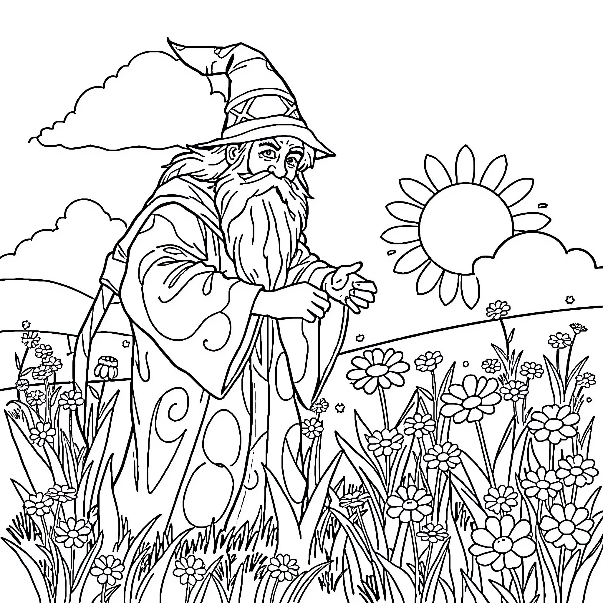 Wizard tending to a whimsical garden Coloring Page (free black-and-white line drawing printable PDF for all, from beginners to advanced learners, including children, teens, adults, and seniors)