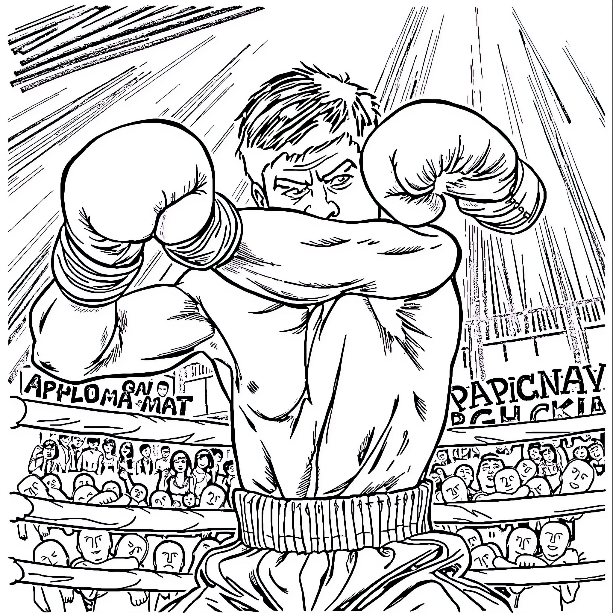 Boxing match with intense expressions and action Coloring Page (free black-and-white line drawing printable PDF for all, from beginners to advanced learners, including children, teens, adults, and seniors)