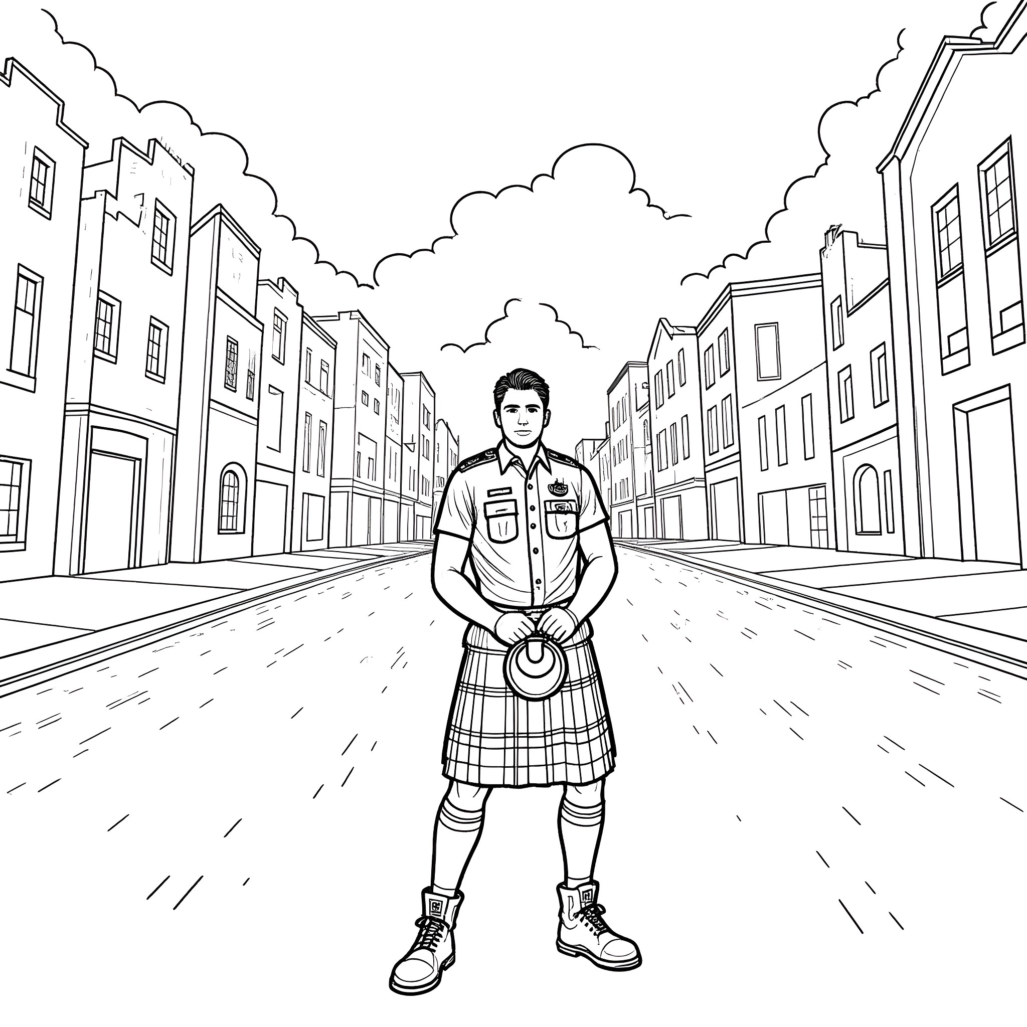 Paramedic in uniform standing on city street Coloring Page (free black-and-white line drawing printable PDF for all, from beginners to advanced learners, including children, teens, adults, and seniors)