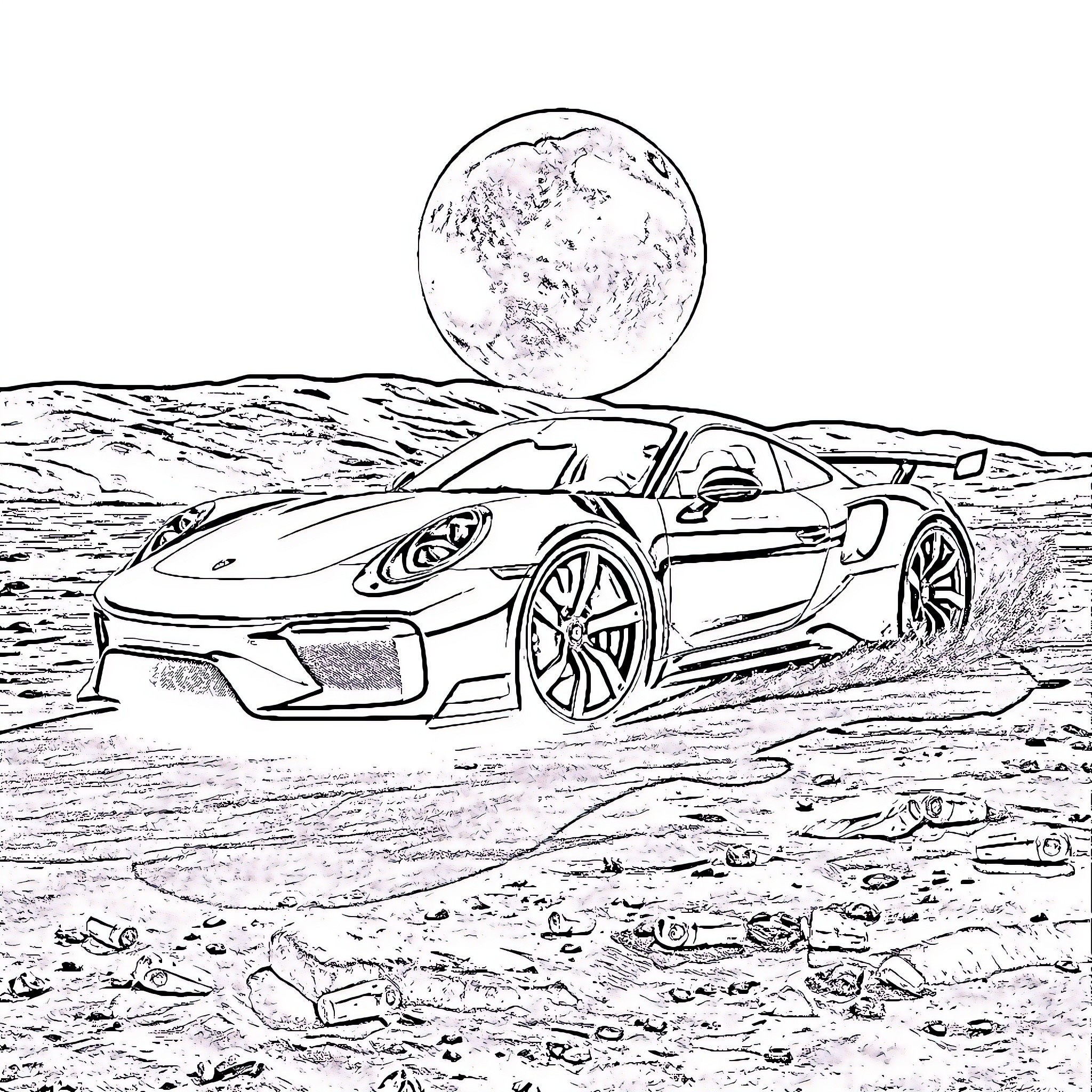 Porsche Supercar Traversing Lunar Landscape Coloring Page (free black-and-white line drawing printable PDF for all, from beginners to advanced learners, including children, teens, adults, and seniors)