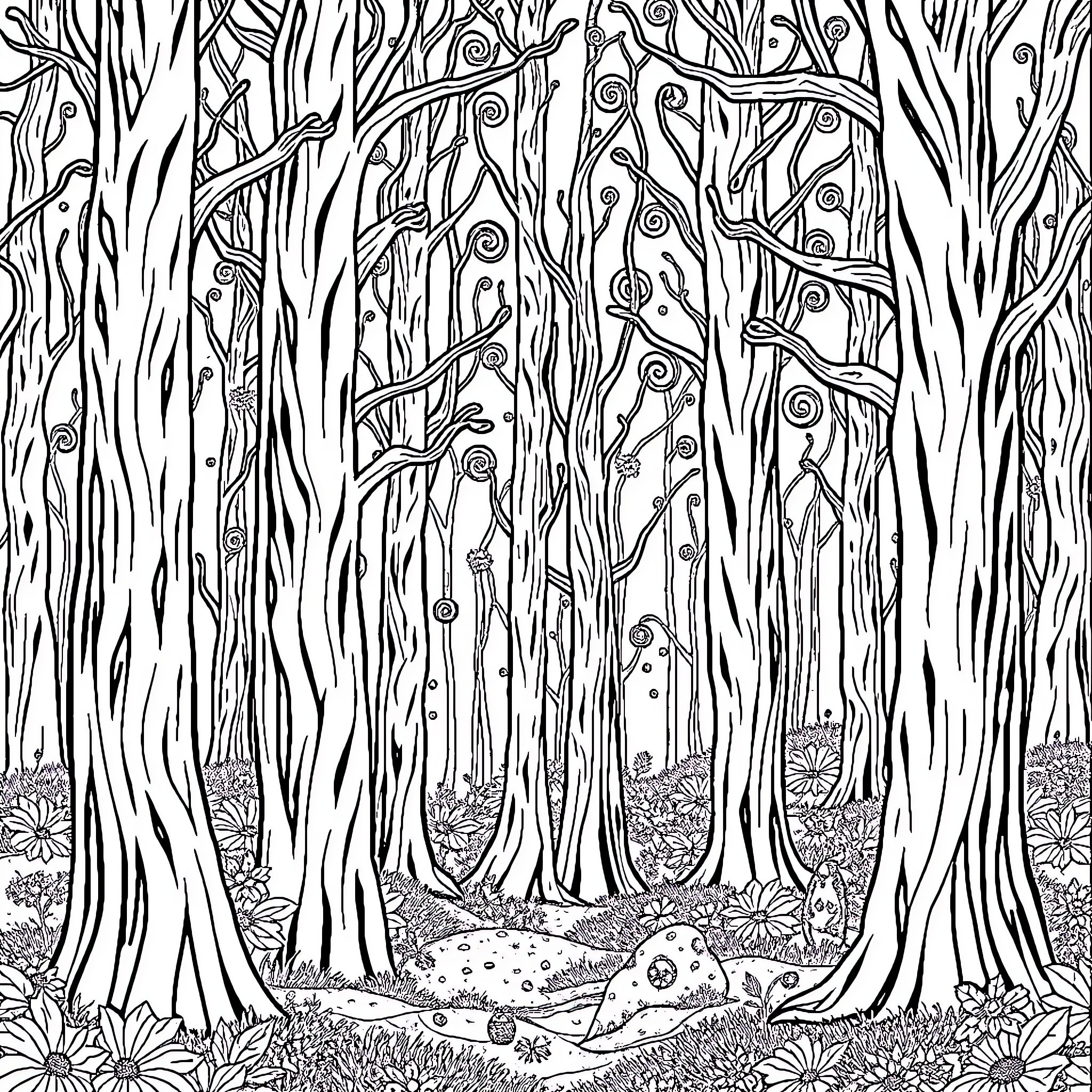 Forest Filled with Intricate Patterns and Textures Coloring Page (free black-and-white line drawing printable PDF for all, from beginners to advanced learners, including children, teens, adults, and seniors)