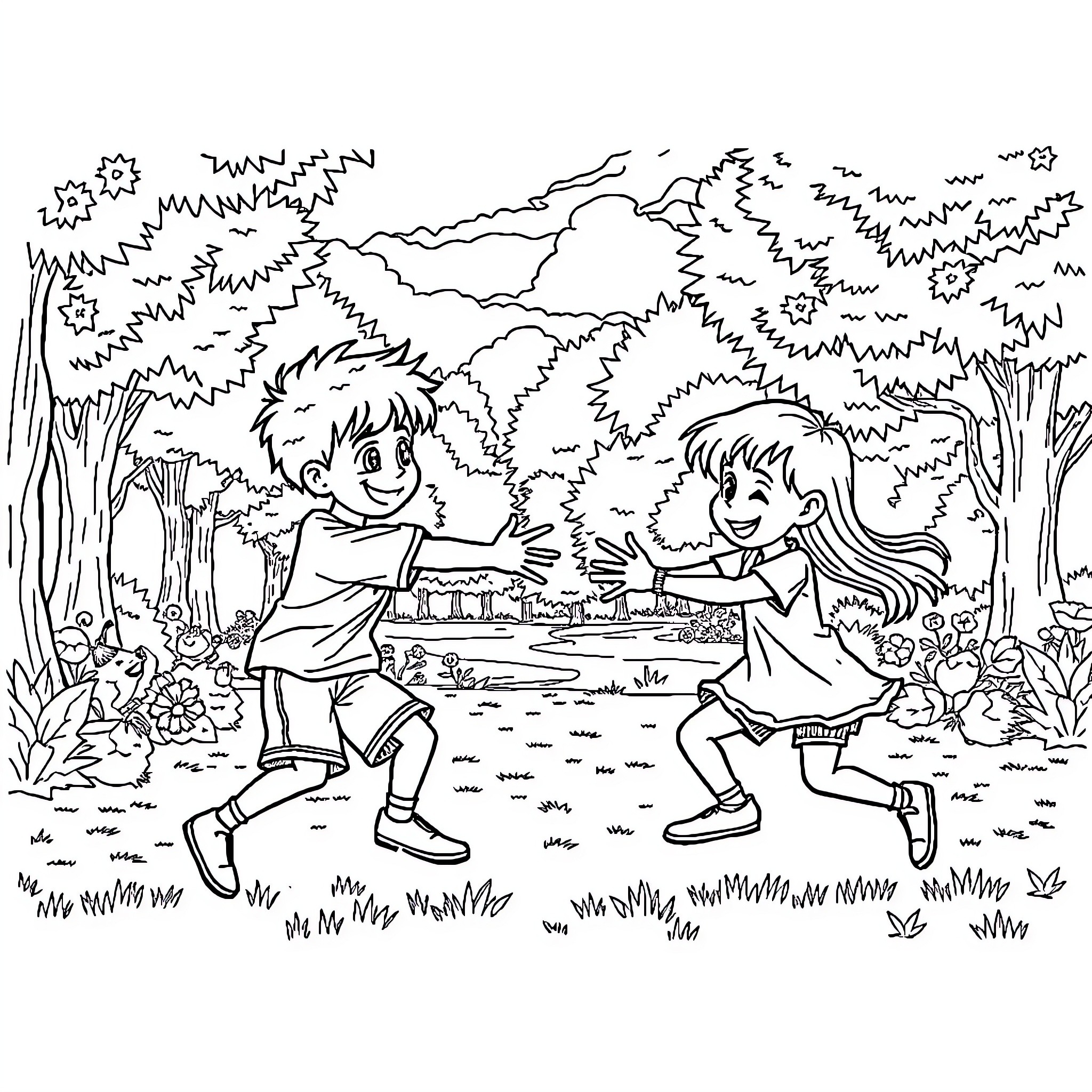Bracelet depicting children playing in a forest Coloring Page (free black-and-white line drawing printable PDF for all, from beginners to advanced learners, including children, teens, adults, and seniors)