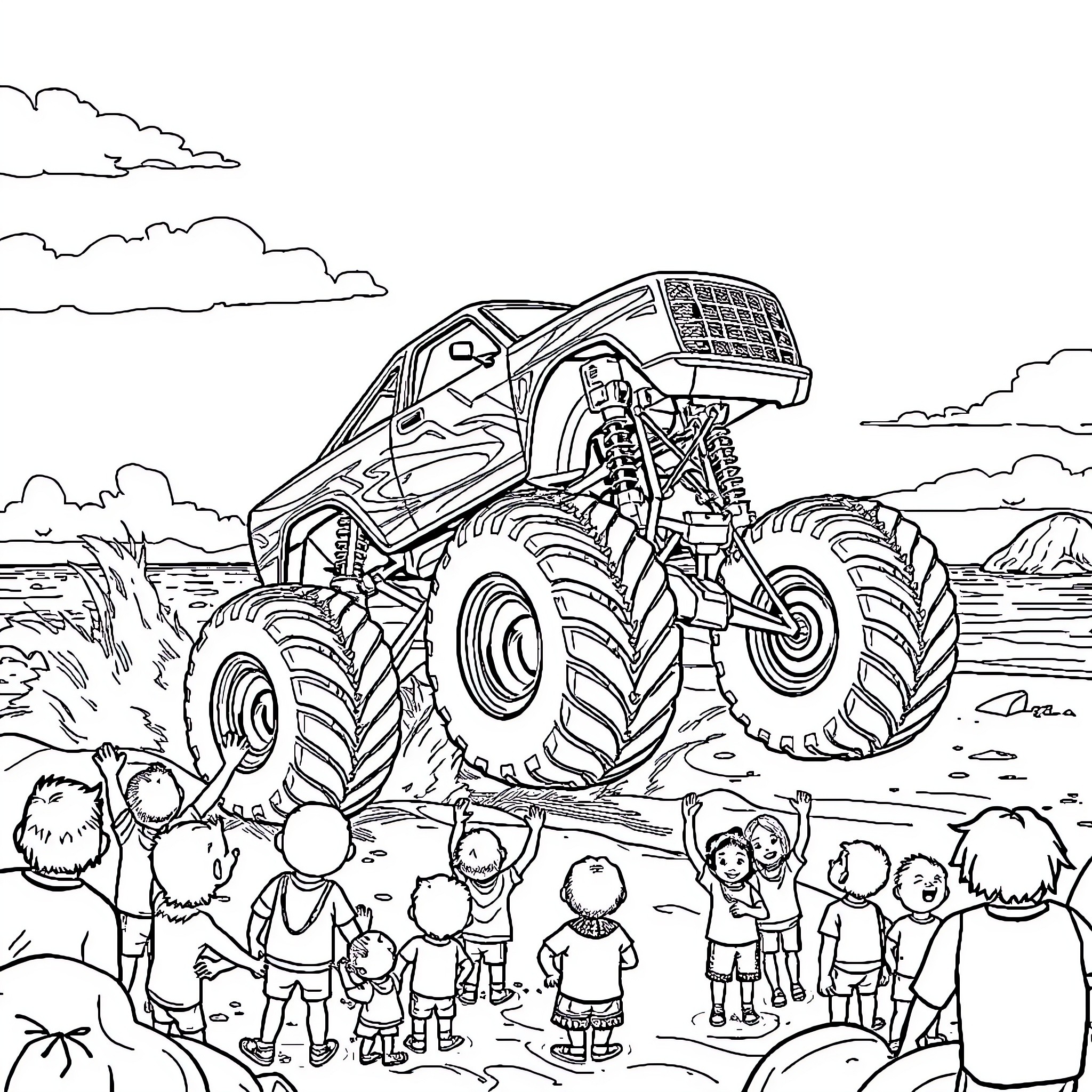 Monster Truck Crushing Rocks with Excited Crowd Coloring Page (free black-and-white line drawing printable PDF for all, from beginners to advanced learners, including children, teens, adults, and seniors)