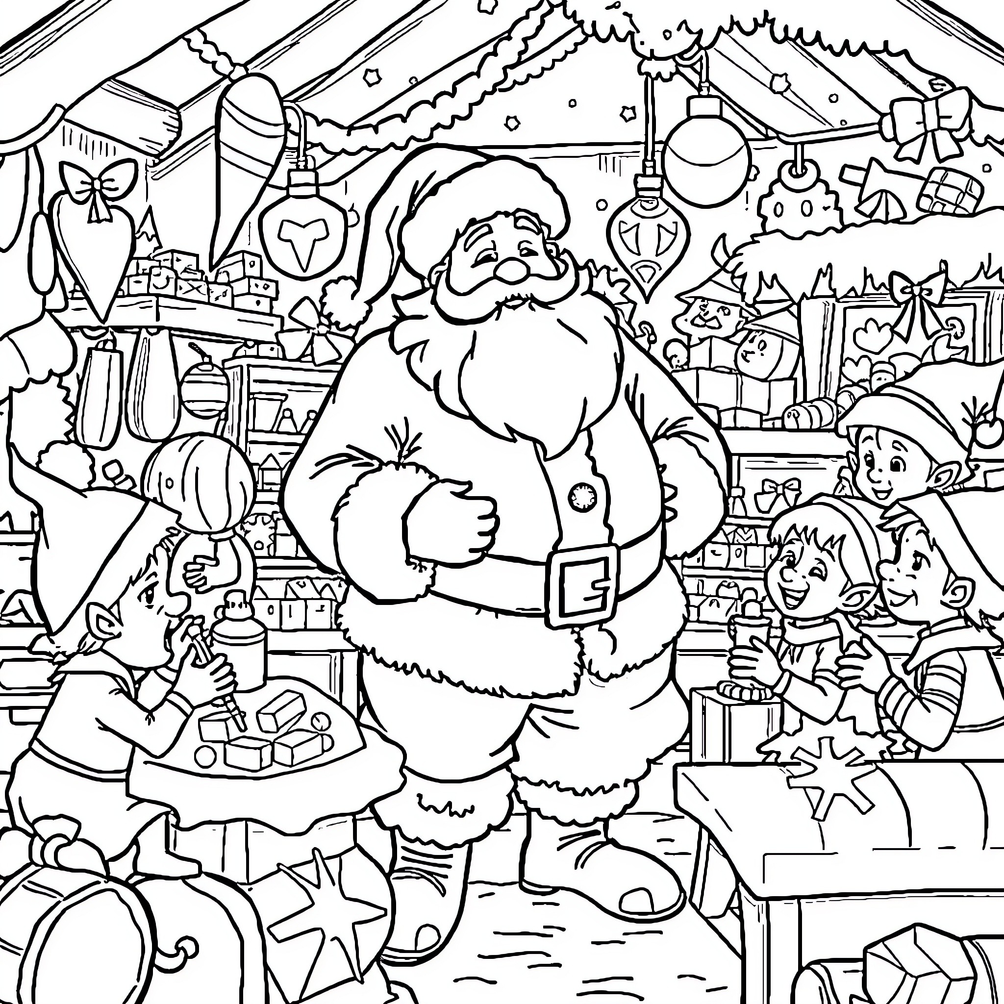 Santa Claus delivering gifts to children in a festive scene Coloring Page (free black-and-white line drawing printable PDF for all, from beginners to advanced learners, including children, teens, adults, and seniors)