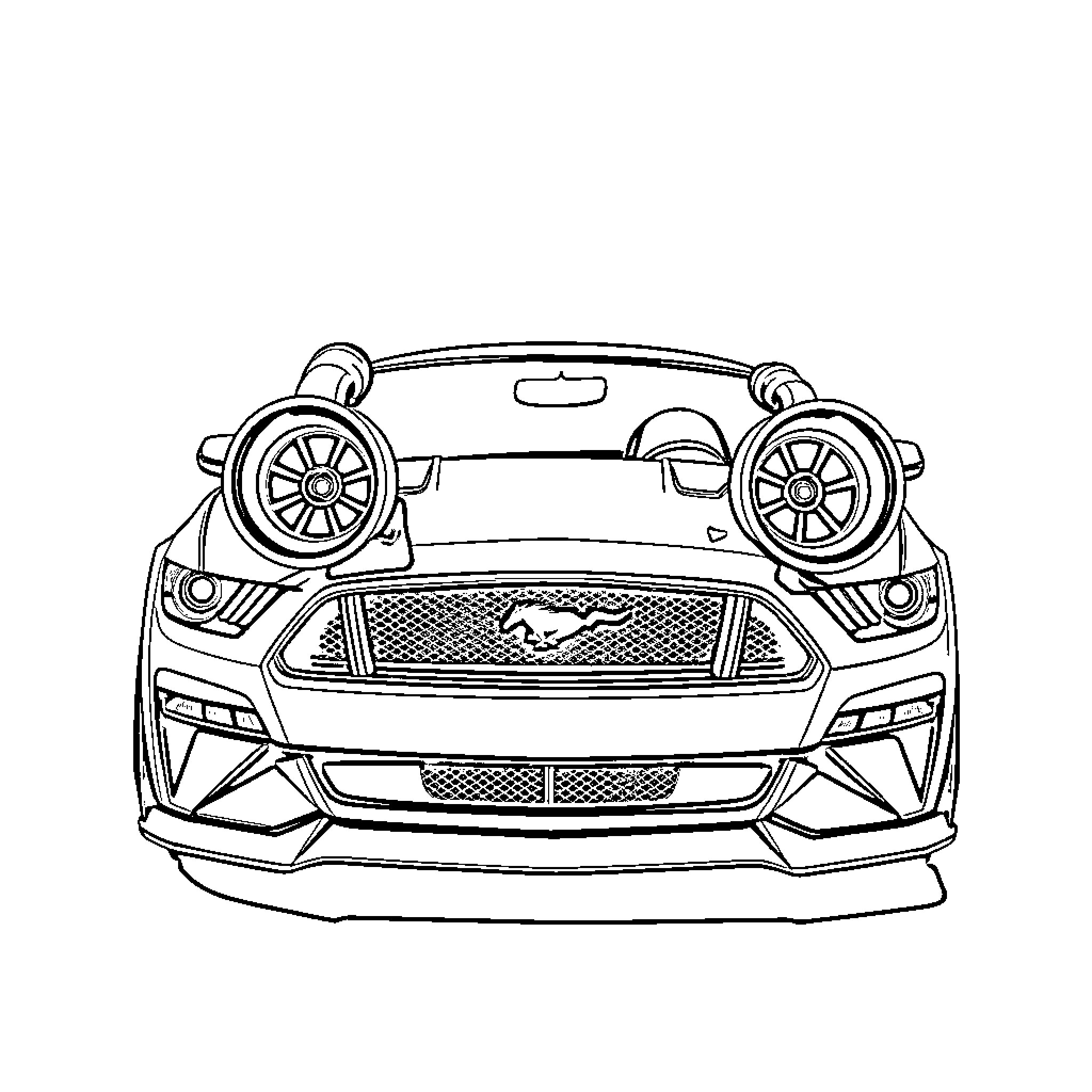 Mustang racing sports car on the road Coloring Page (free black-and-white line drawing printable PDF for all, from beginners to advanced learners, including children, teens, adults, and seniors)