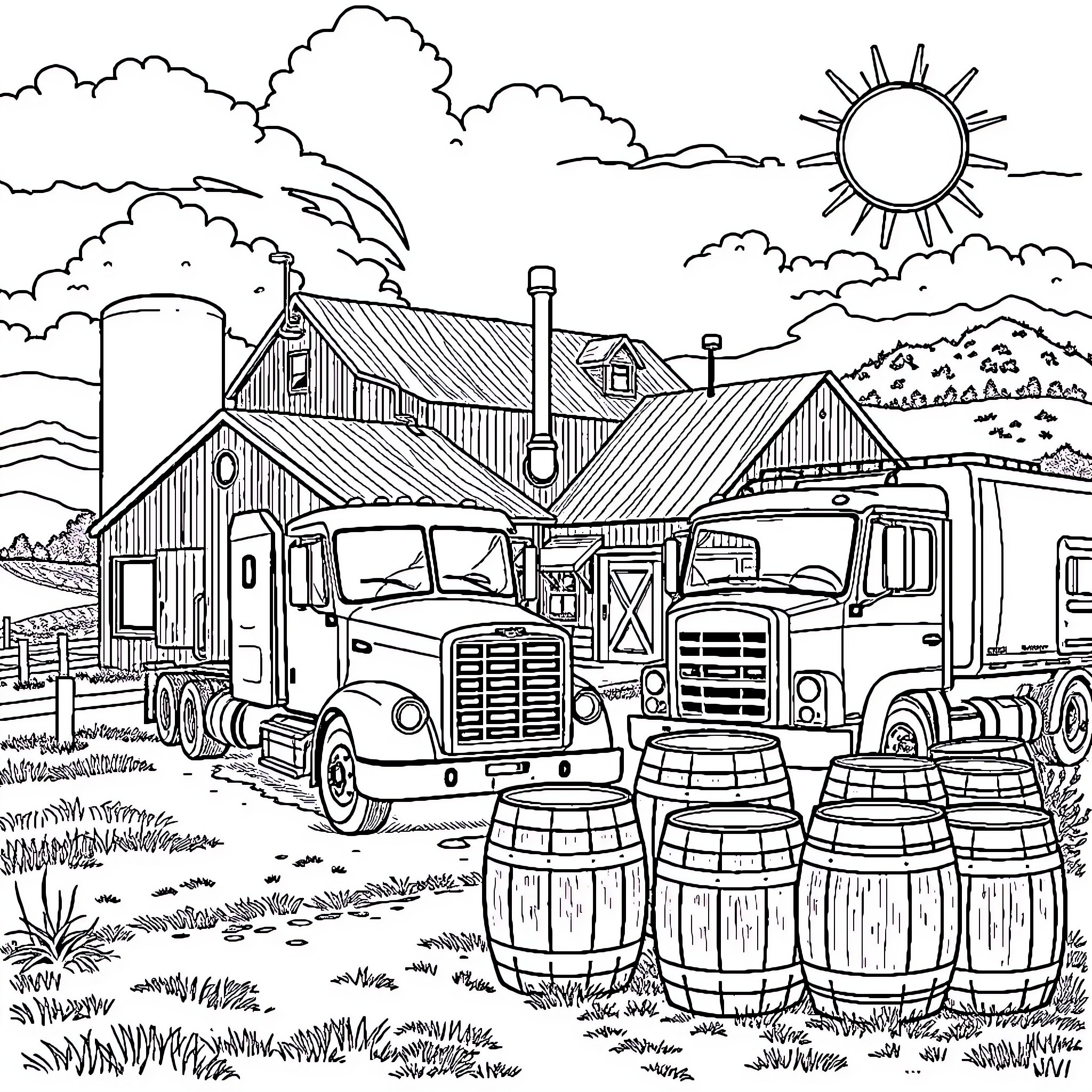 Brewery scene with trucks and barrels in the countryside Coloring Page (free black-and-white line drawing printable PDF for all, from beginners to advanced learners, including children, teens, adults, and seniors)