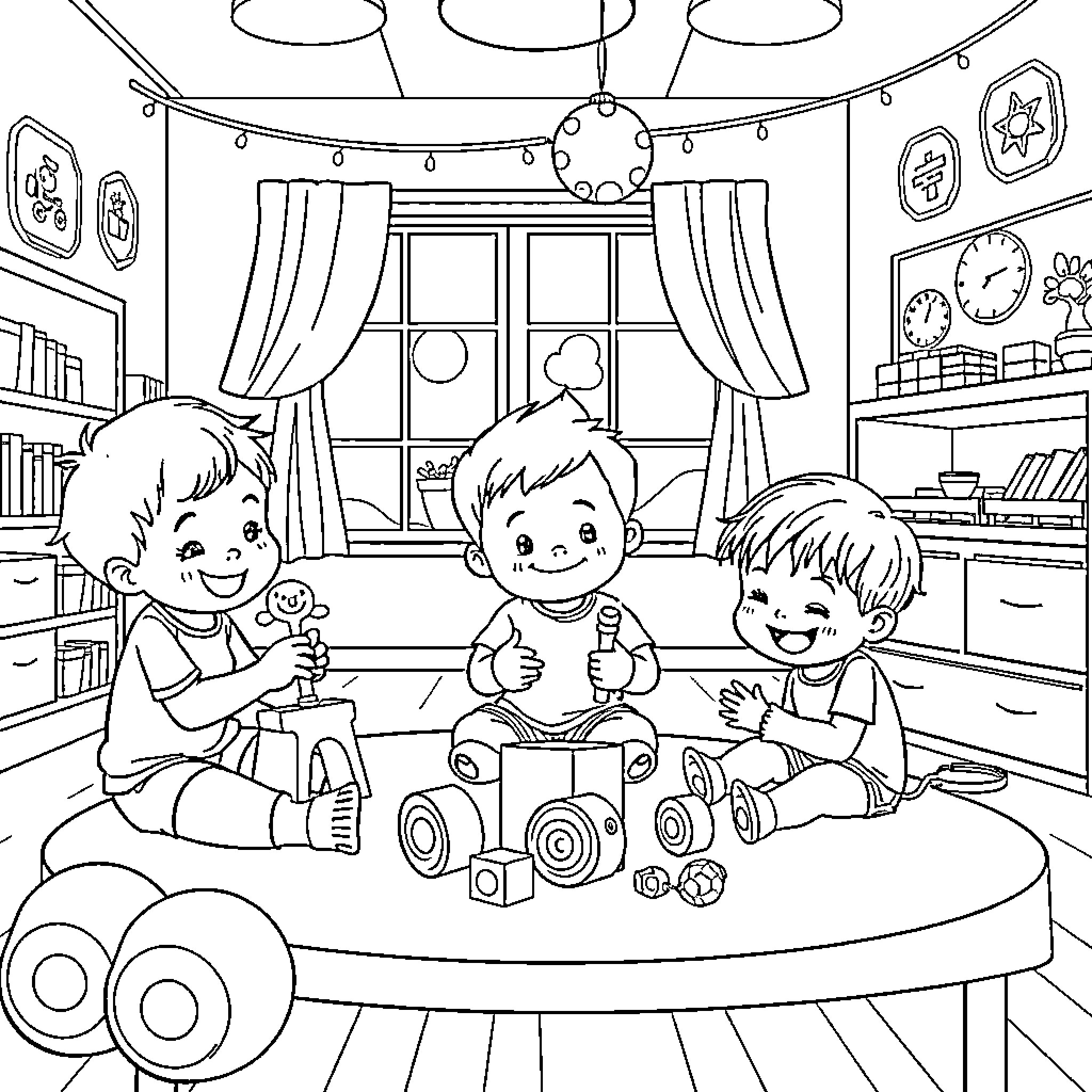 Kids playing with toys in cozy room Coloring Page (free black-and-white line drawing printable PDF for all, from beginners to advanced learners, including children, teens, adults, and seniors)