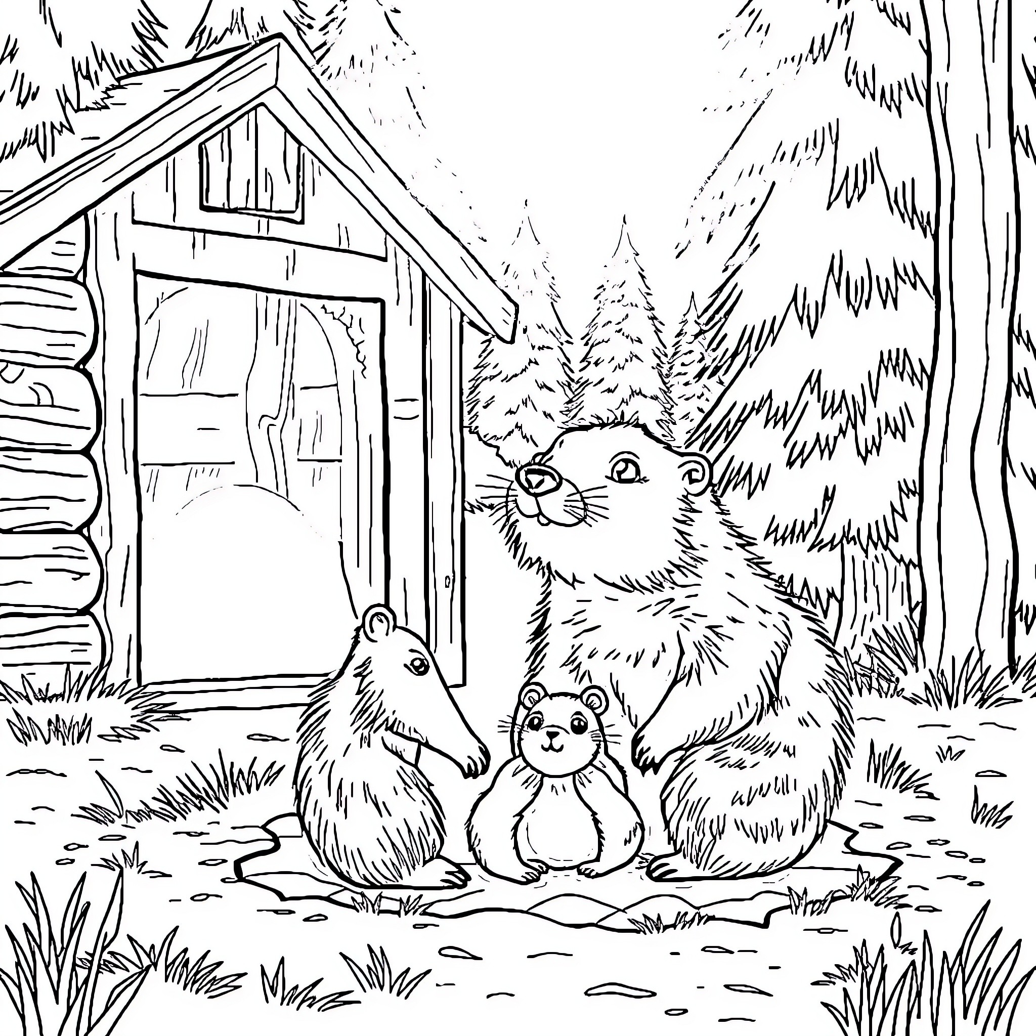 Groundhog family exploring the cozy cabin in the woods Coloring Page (free black-and-white line drawing printable PDF for all, from beginners to advanced learners, including children, teens, adults, and seniors)