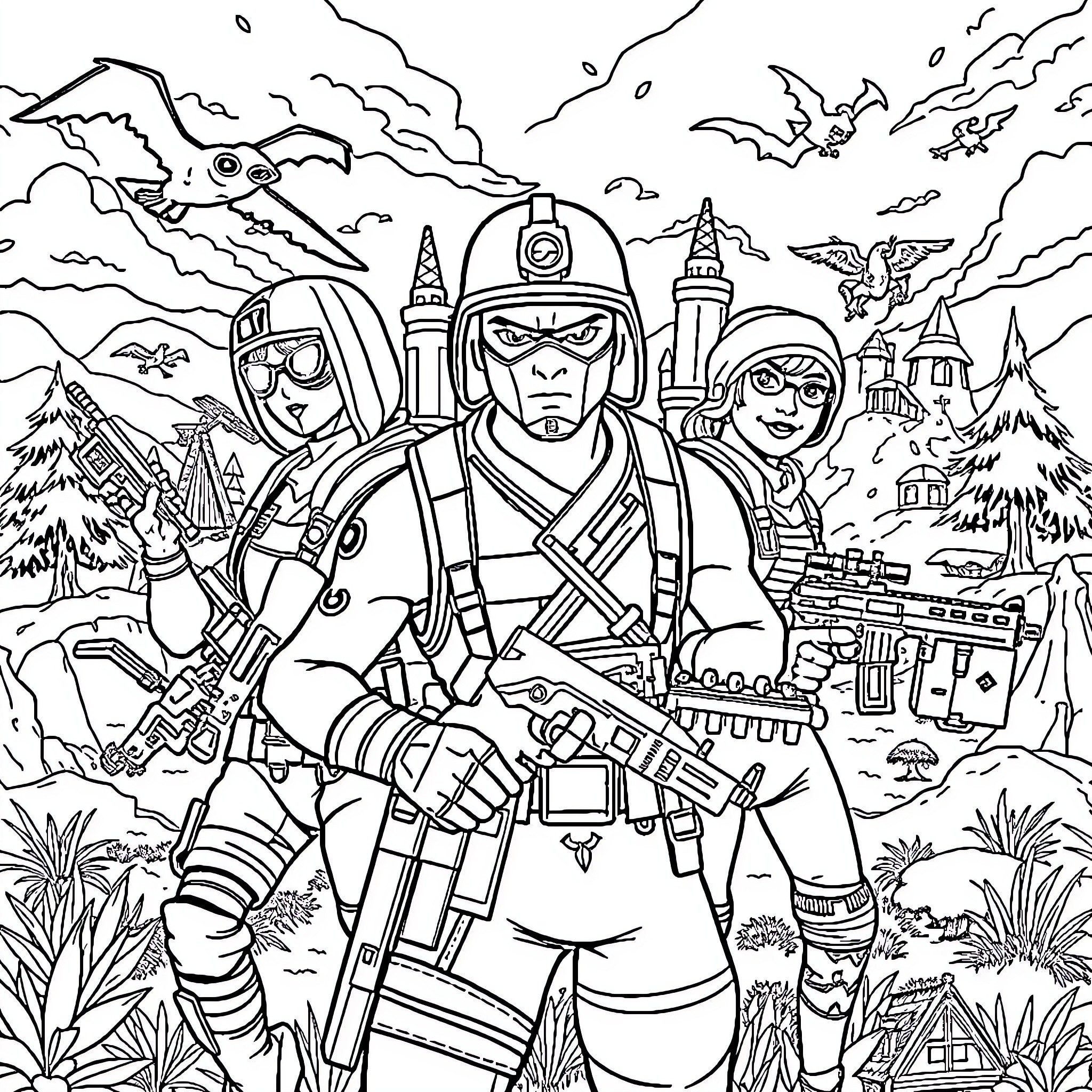 Fortnite Battle Royale: Soldiers in Action Coloring Page (free black-and-white line drawing printable PDF for all, from beginners to advanced learners, including children, teens, adults, and seniors)