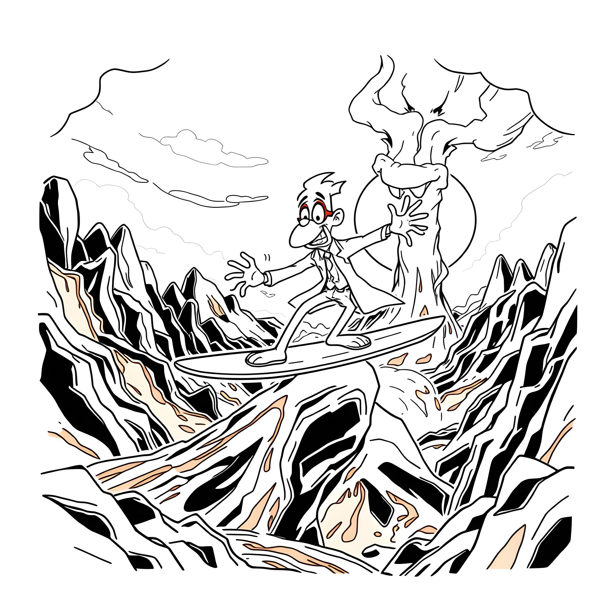 Dr Doofenschmirtz's Outrageous Escape on a Glider Coloring Page (free black-and-white line drawing printable PDF for all, from beginners to advanced learners, including children, teens, adults, and seniors)