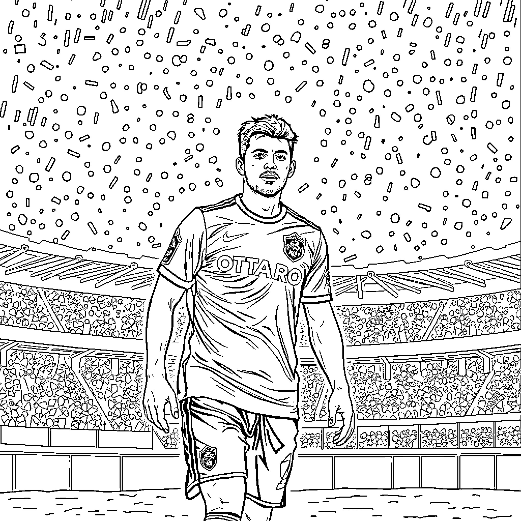 Atletico Player on the Field Coloring Page (free black-and-white line drawing printable PDF for all, from beginners to advanced learners, including children, teens, adults, and seniors)