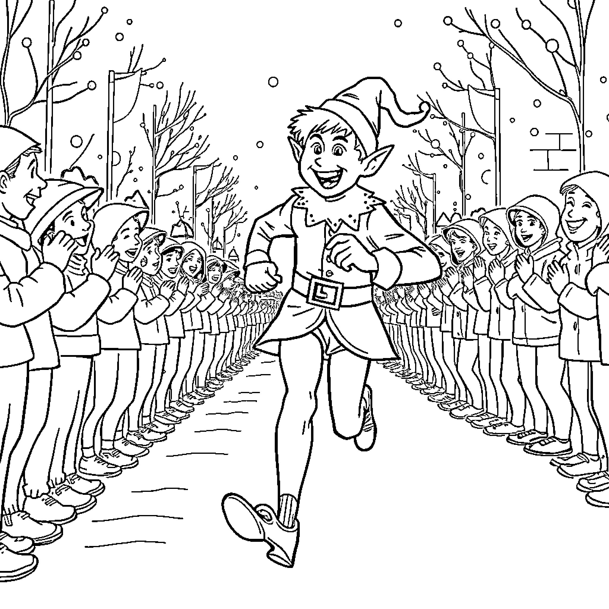 Buddy Leads a Festive Parade Coloring Page (free black-and-white line drawing printable PDF for all, from beginners to advanced learners, including children, teens, adults, and seniors)