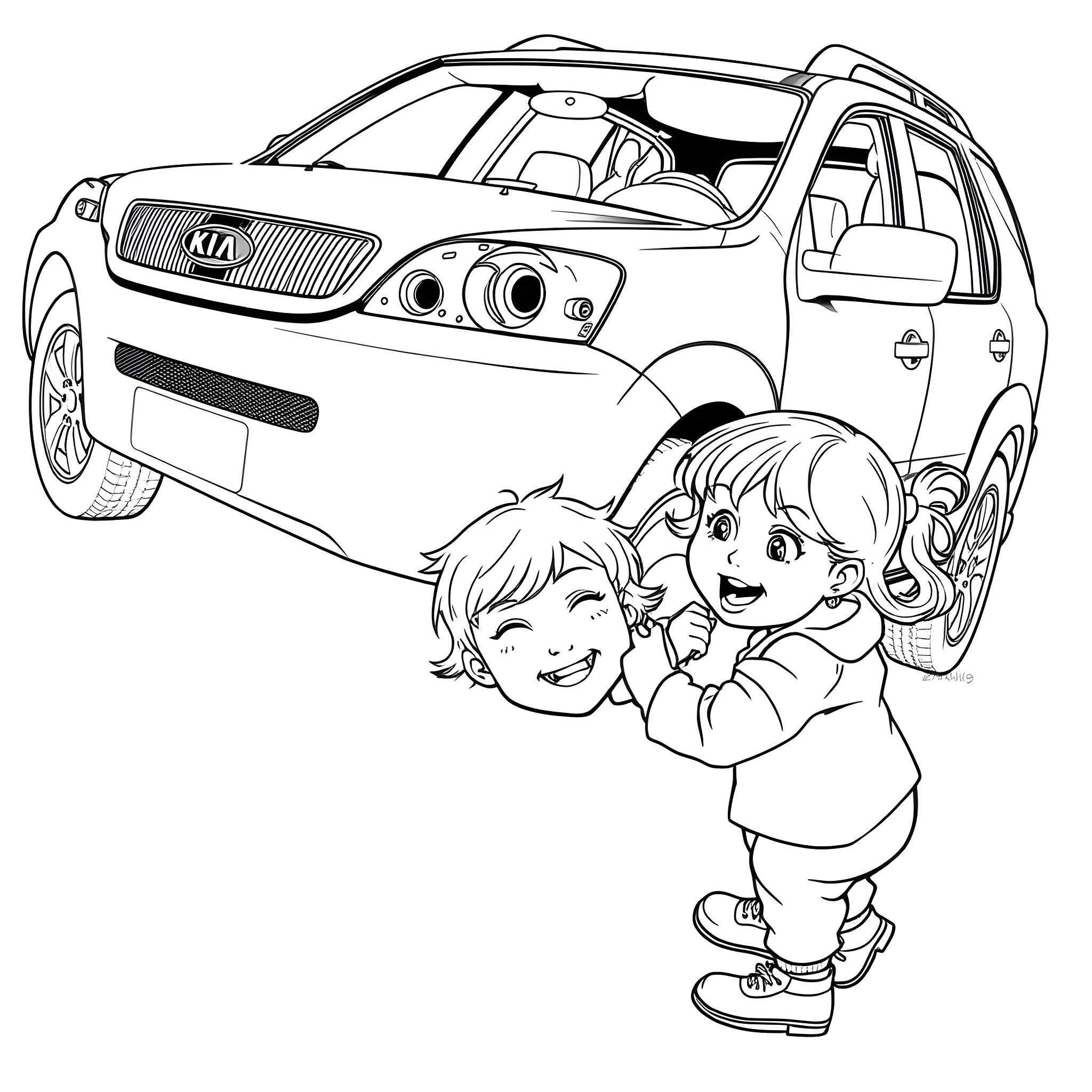Kia Sorento with happy children Coloring Page (free black-and-white line drawing printable PDF for all, from beginners to advanced learners, including children, teens, adults, and seniors)