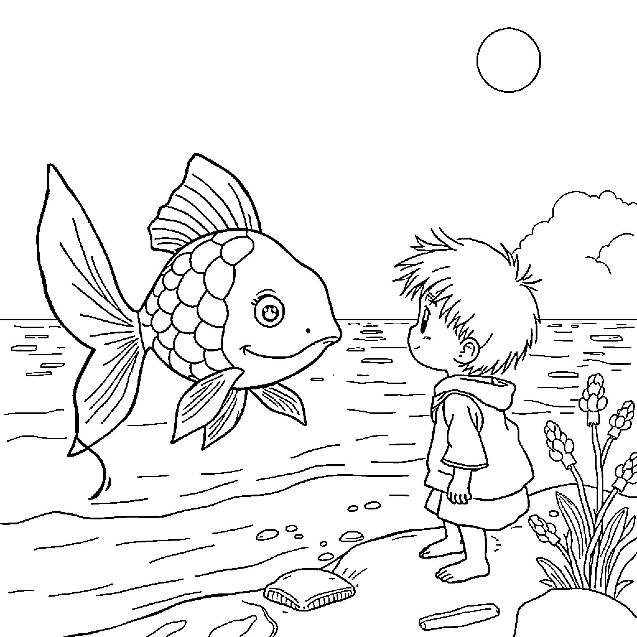 Ponyo exploring the underwater world with a colorful fish Coloring Page (free black-and-white line drawing printable PDF for all, from beginners to advanced learners, including children, teens, adults, and seniors)