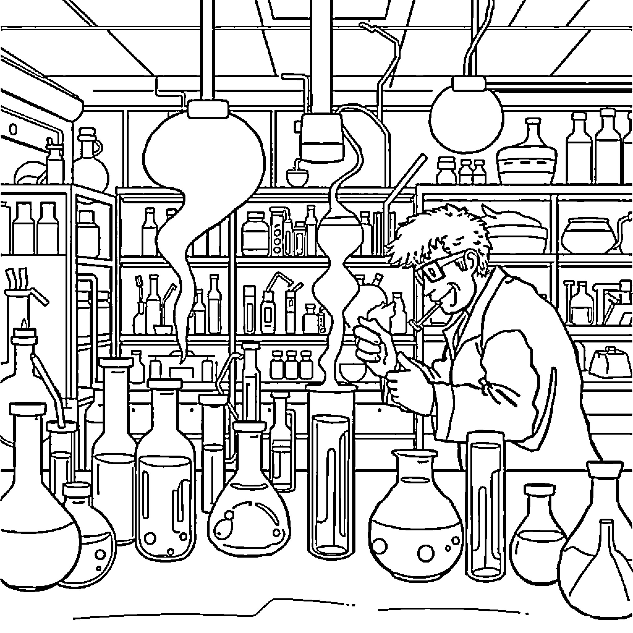 Chemistry Experiments in Sophisticated Lab Coloring Page (free black-and-white line drawing printable PDF for all, from beginners to advanced learners, including children, teens, adults, and seniors)