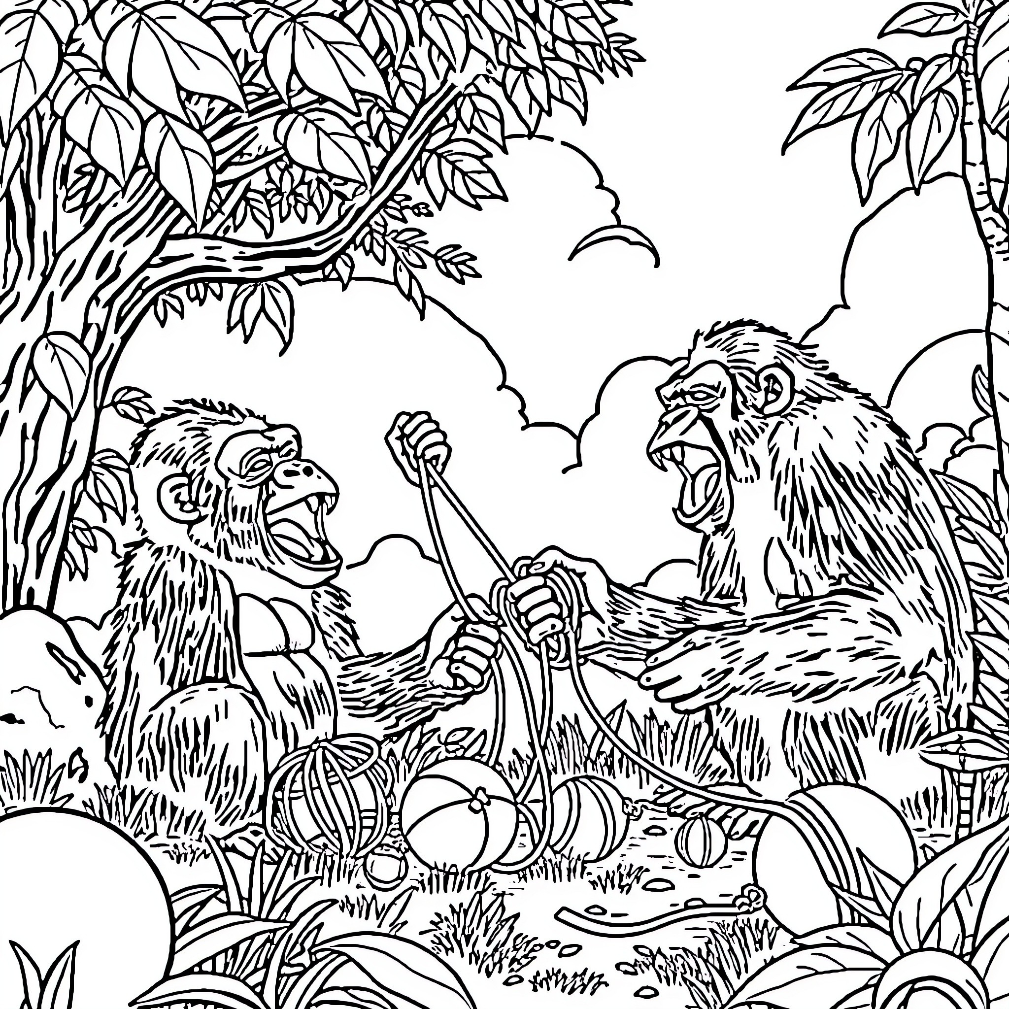 Gorillas Enjoying Playtime in Lush Jungle Landscape Coloring Page (free black-and-white line drawing printable PDF for all, from beginners to advanced learners, including children, teens, adults, and seniors)