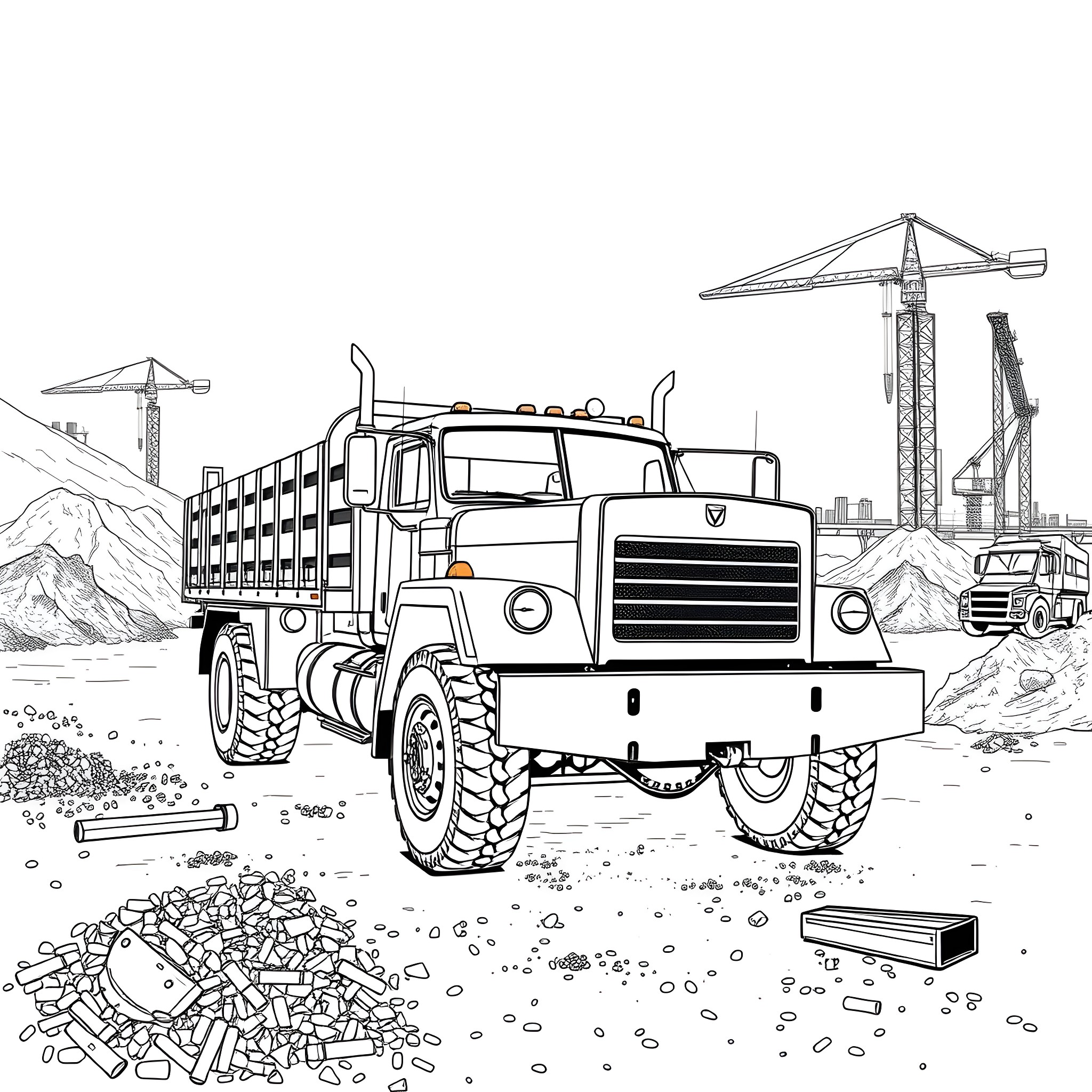 Flat Bed Truck Transporting Construction Materials on Site Coloring Page (free black-and-white line drawing printable PDF for all, from beginners to advanced learners, including children, teens, adults, and seniors)