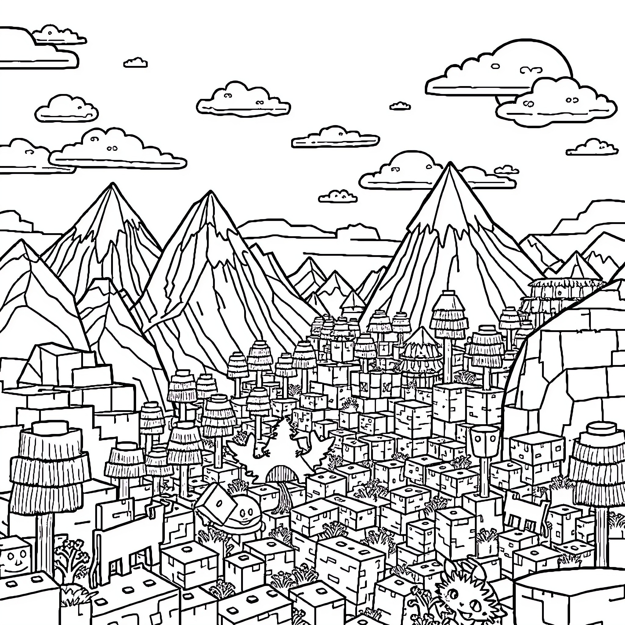 Minecraft Cityscape with Majestic Mountains Coloring Page (free black-and-white line drawing printable PDF for all, from beginners to advanced learners, including children, teens, adults, and seniors)