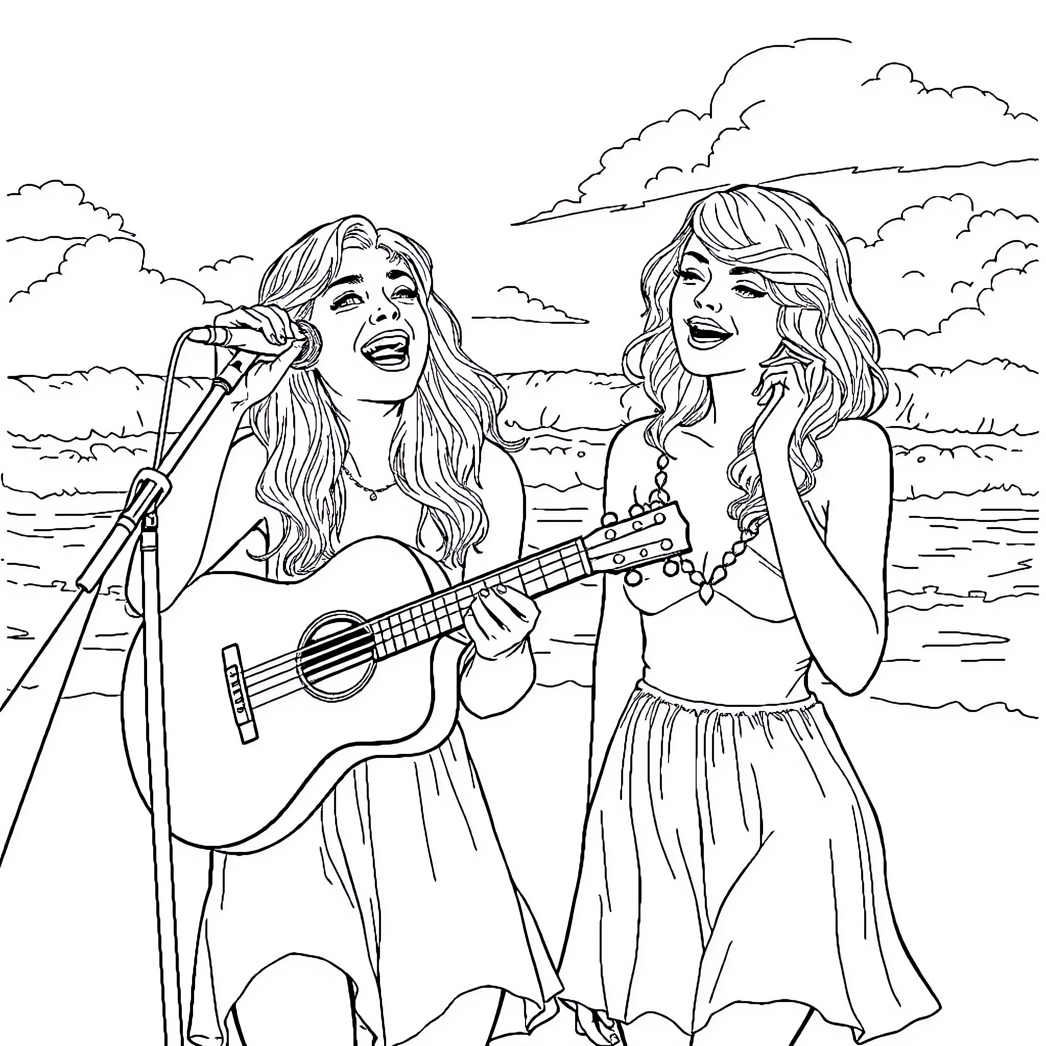 Sabrina Carpenter performing with another female singer Coloring Page (free black-and-white line drawing printable PDF for all, from beginners to advanced learners, including children, teens, adults, and seniors)