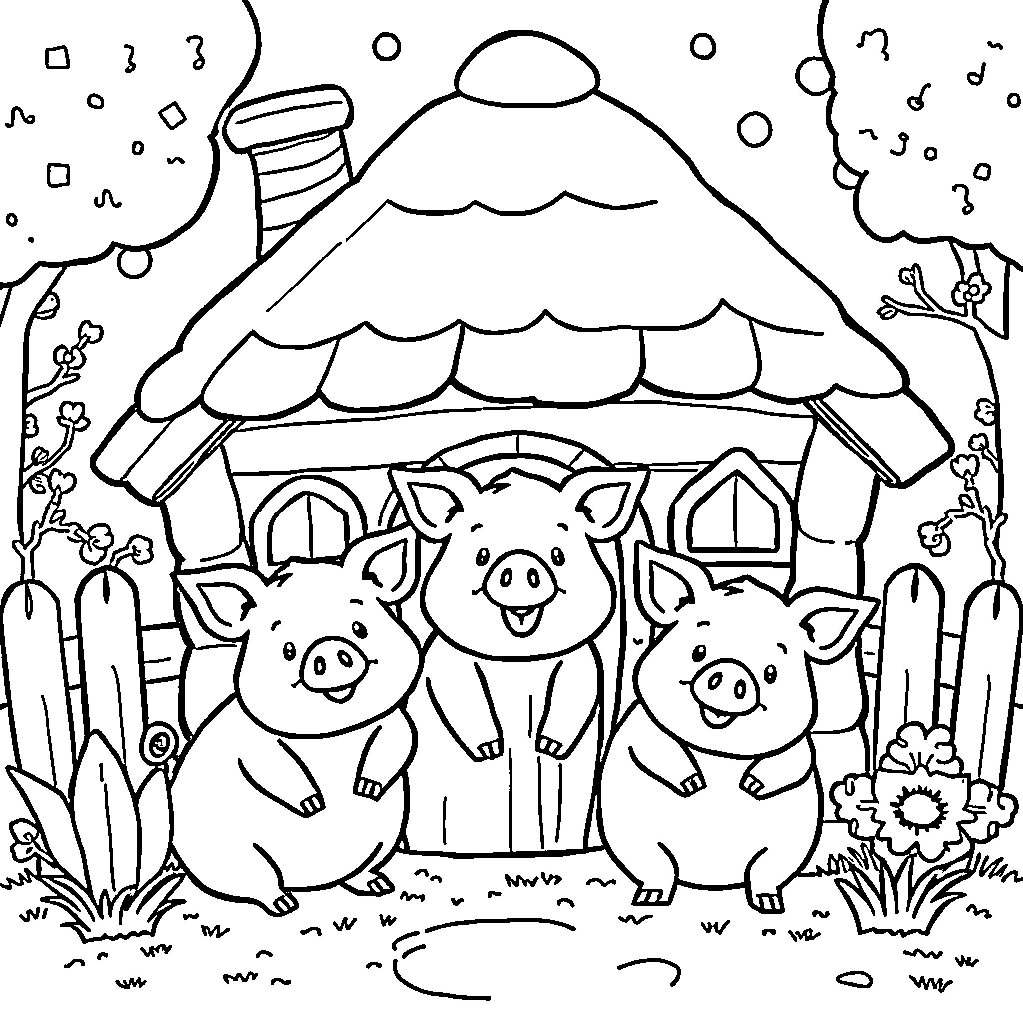 House of three happy pigs playing outside Coloring Page (free black-and-white line drawing printable PDF for all, from beginners to advanced learners, including children, teens, adults, and seniors)