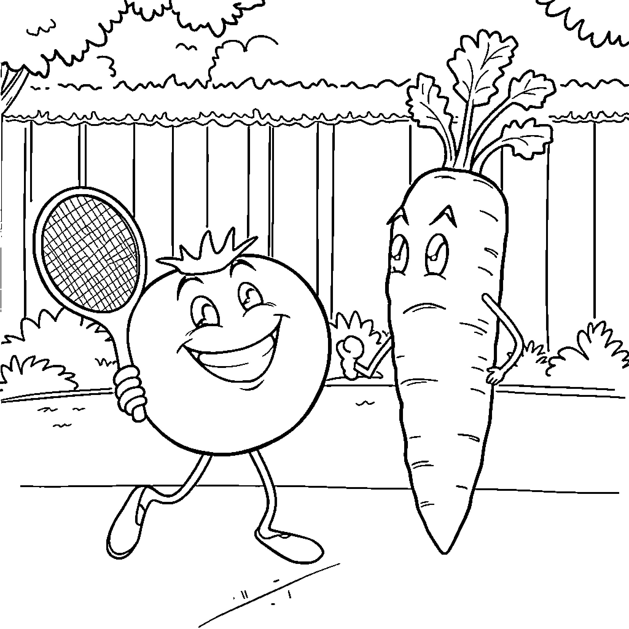 Tomato and Carrot Playing Tennis in Garden Coloring Page (free black-and-white line drawing printable PDF for all, from beginners to advanced learners, including children, teens, adults, and seniors)