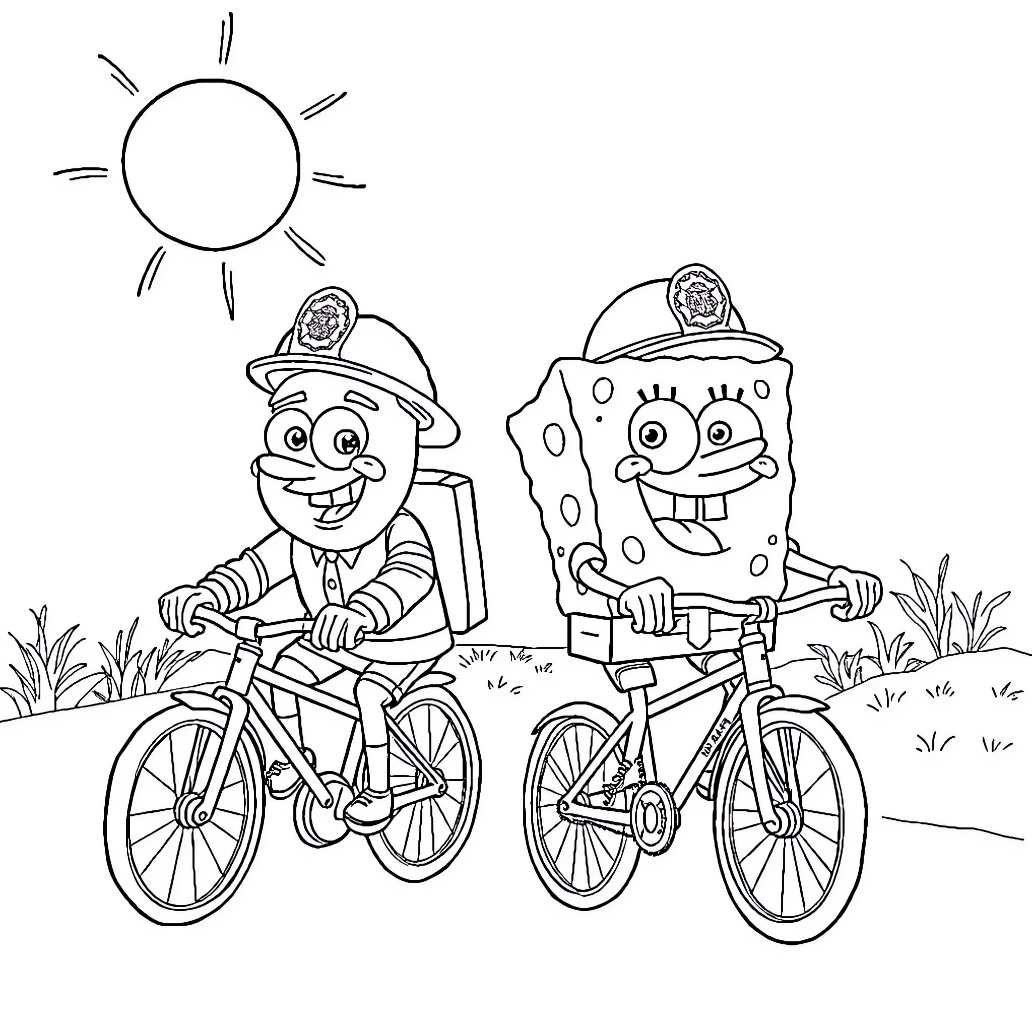Fireman Sam and Spongebob ride bicycles happily Coloring Page (free black-and-white line drawing printable PDF for all, from beginners to advanced learners, including children, teens, adults, and seniors)