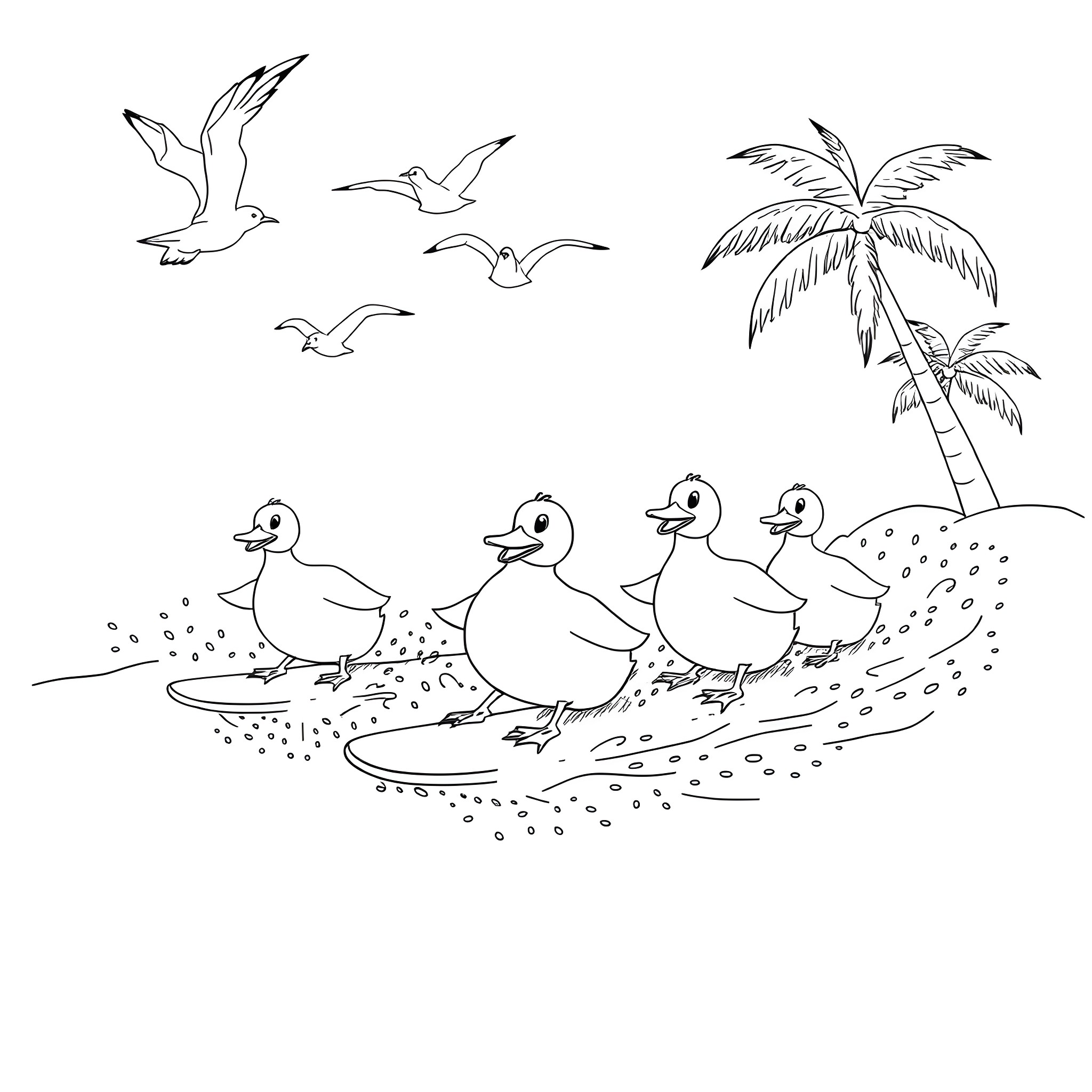 Duck family strolling on the beach near palm trees Coloring Page (free black-and-white line drawing printable PDF for all, from beginners to advanced learners, including children, teens, adults, and seniors)