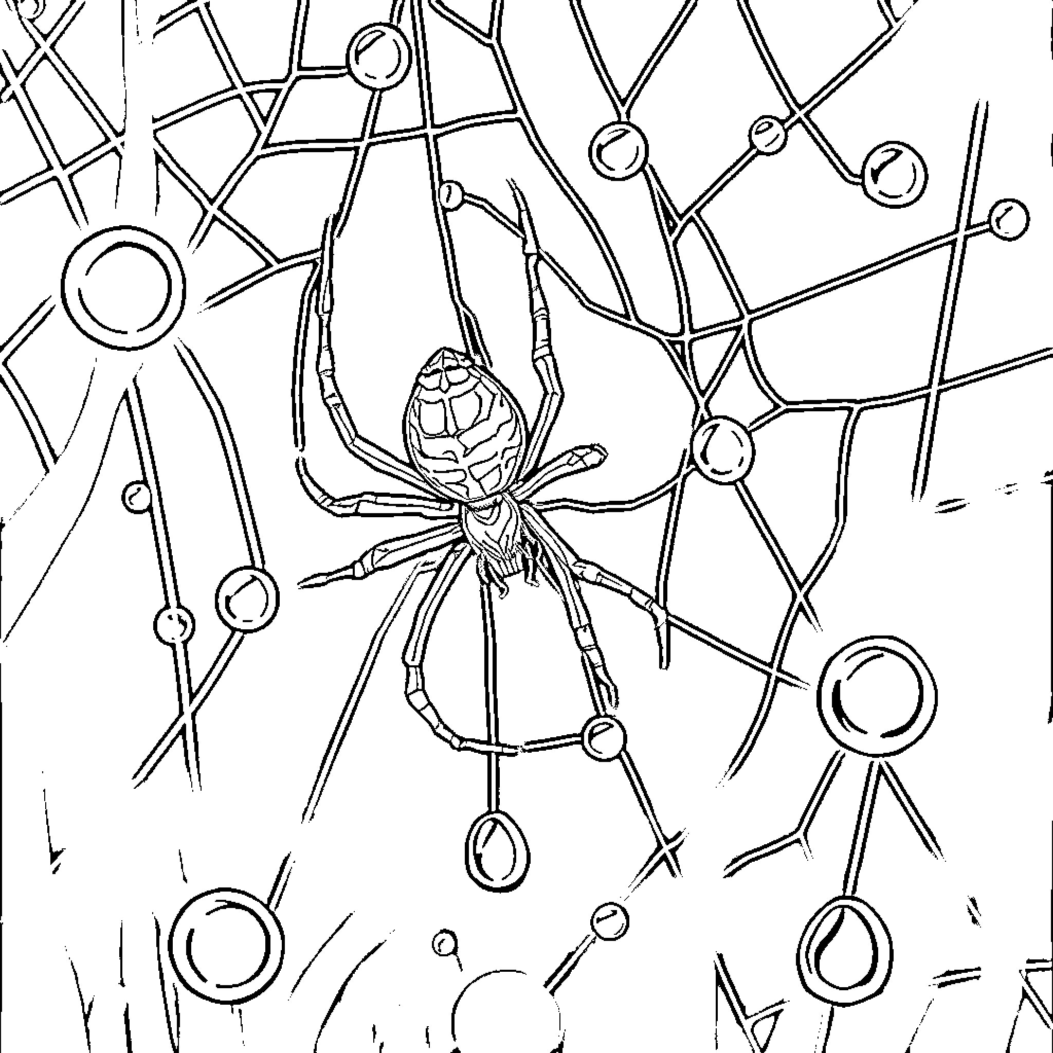 Spider weaving intricate web in the night Coloring Page (free black-and-white line drawing printable PDF for all, from beginners to advanced learners, including children, teens, adults, and seniors)