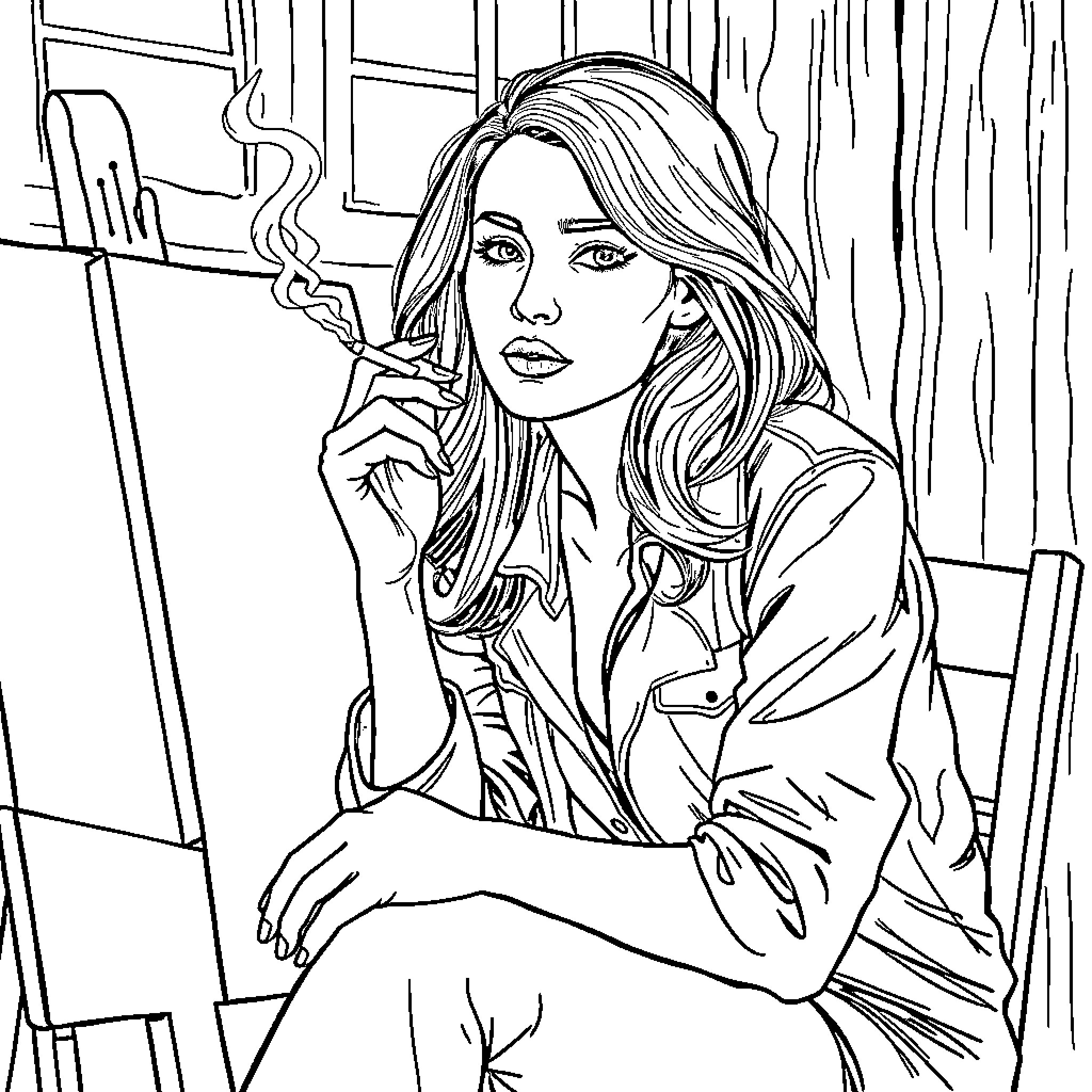 Woman contemplating while painting in her studio Coloring Page (free black-and-white line drawing printable PDF for all, from beginners to advanced learners, including children, teens, adults, and seniors)