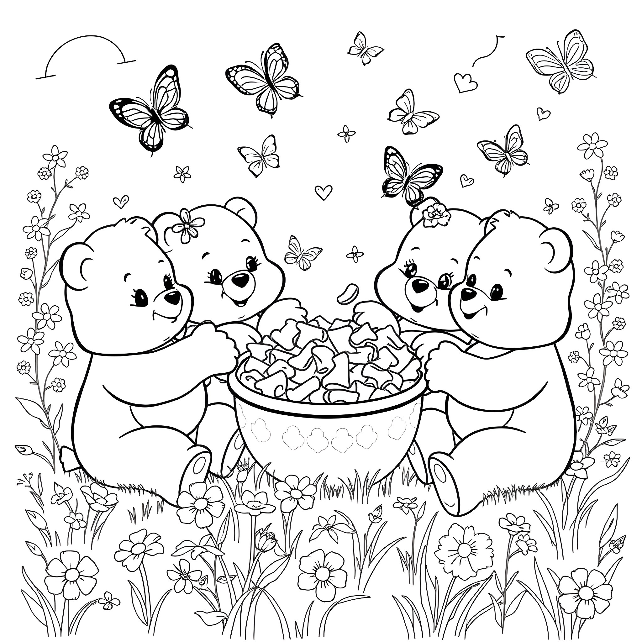 Carebear bears enjoying a flower-filled picnic Coloring Page (free black-and-white line drawing printable PDF for all, from beginners to advanced learners, including children, teens, adults, and seniors)