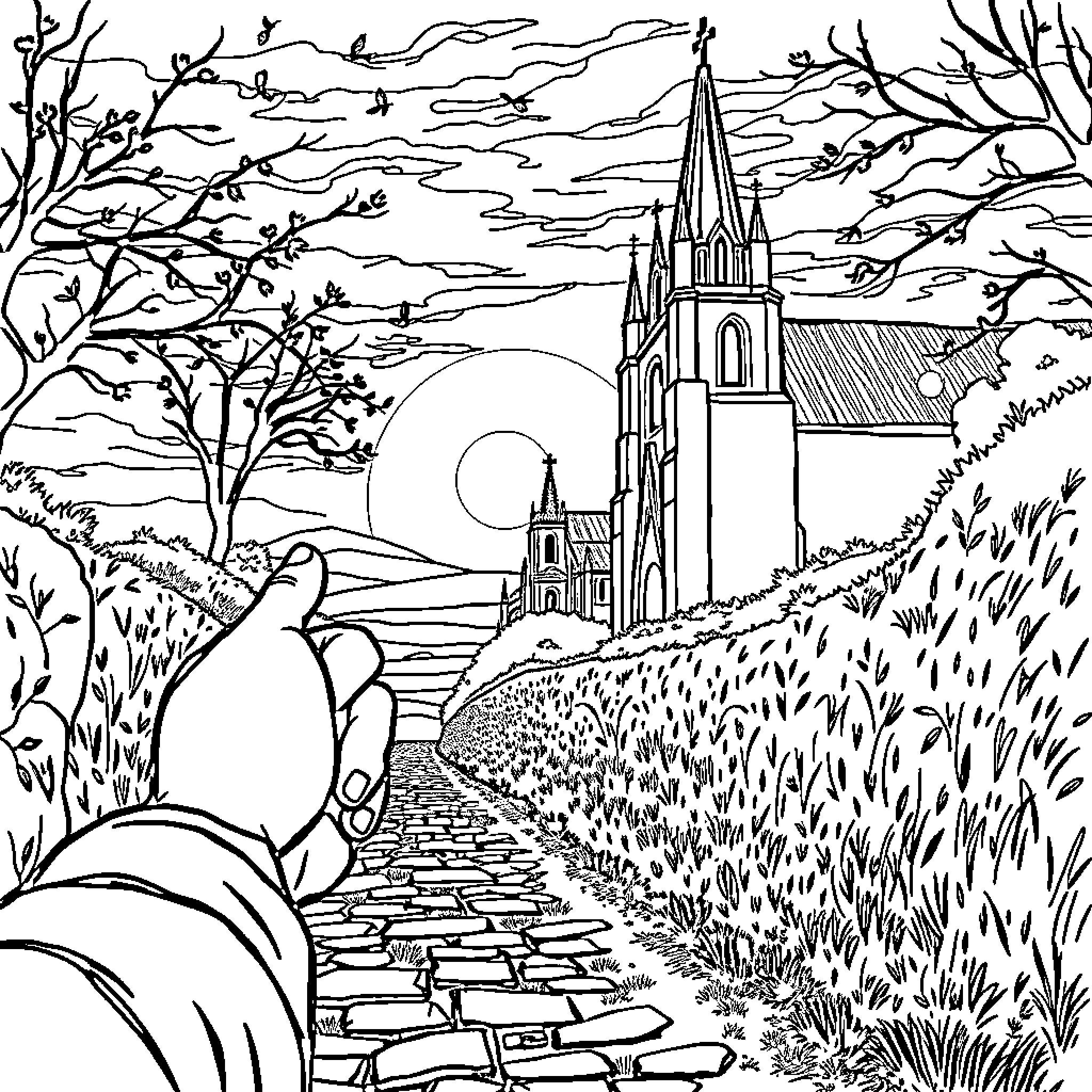 Pensión of a rural landscape with church Coloring Page (free black-and-white line drawing printable PDF for all, from beginners to advanced learners, including children, teens, adults, and seniors)