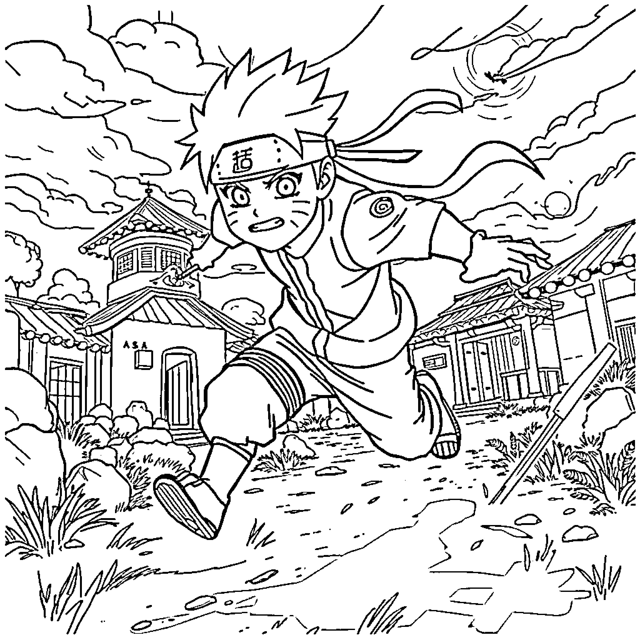 Naruto running through the village with determination Coloring Page (free black-and-white line drawing printable PDF for all, from beginners to advanced learners, including children, teens, adults, and seniors)